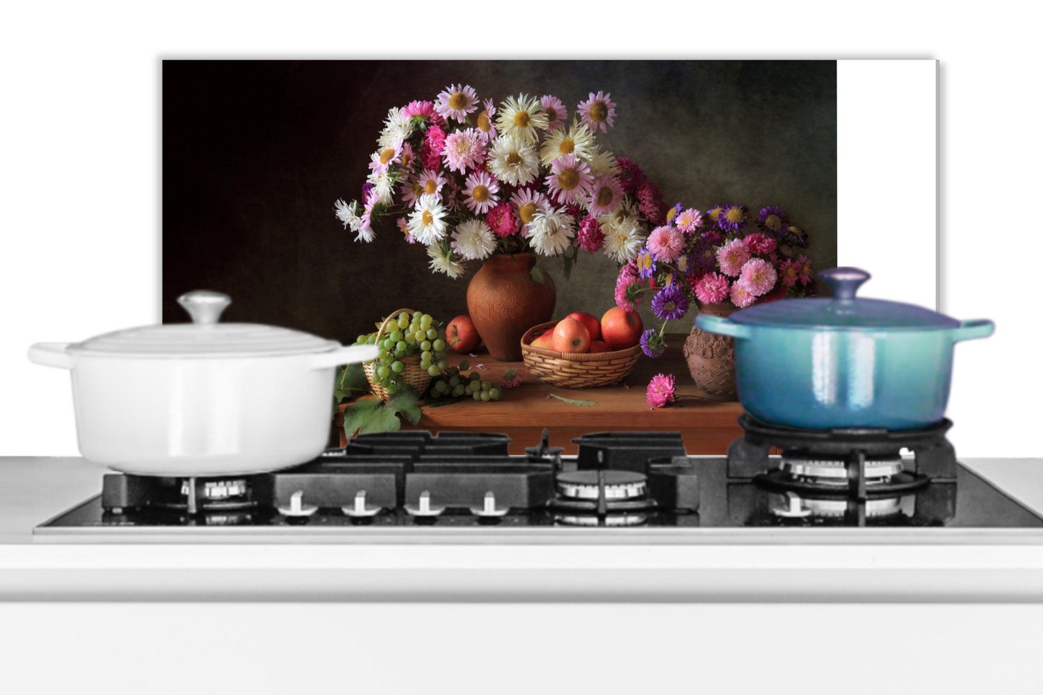 Rosa, Stilleben Wandschutz, cm, Fett MuchoWow - Schmutzflecken - und (1-tlg), Blumen gegen 60x30 Obst Küchen Küchenrückwand - für