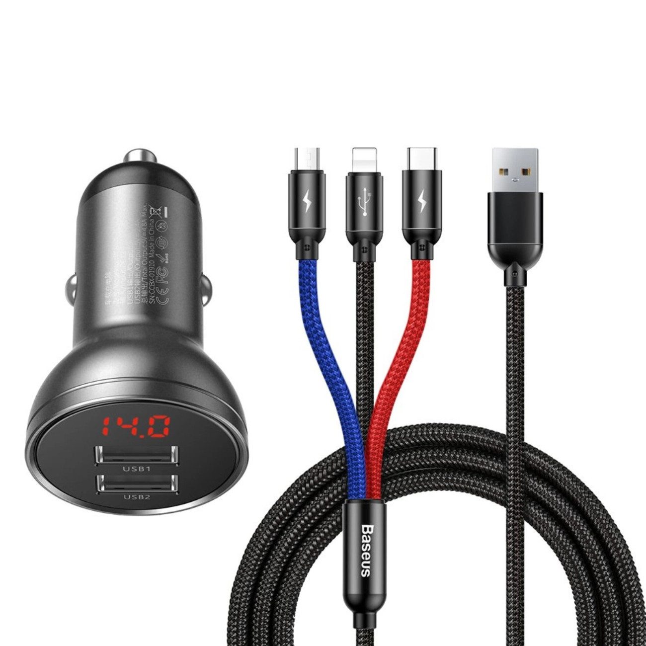 Baseus TZCCBX-0G KFZ-Adapter USB-A zu USB-C, micro USB, Lightning, 120 cm, LCD-Anzeige, 3-in-1 Kabel, Dual-USB, 4,8 A Schnellladung