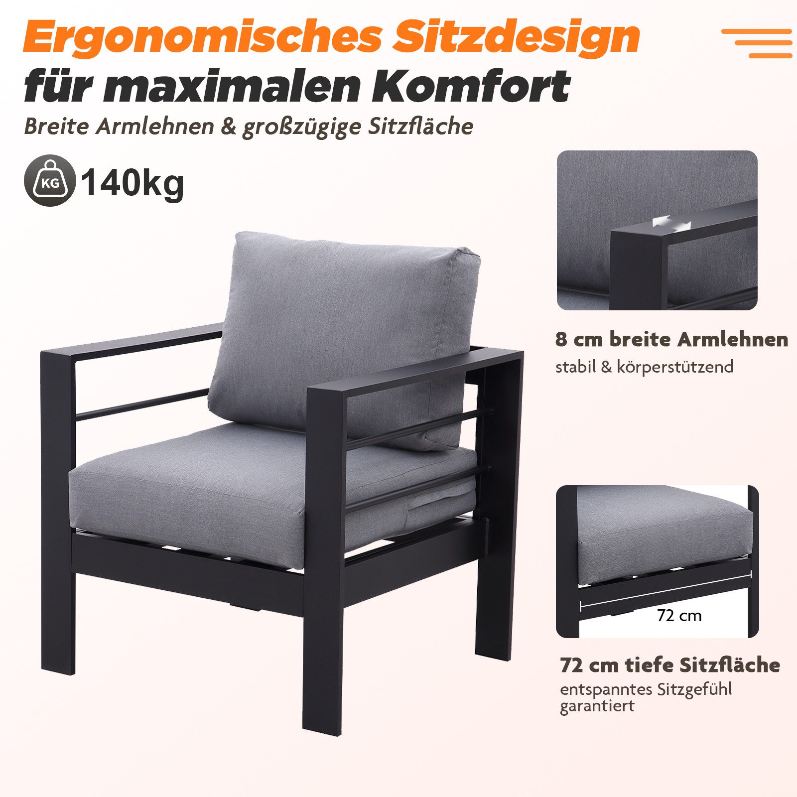 MeXo Gartenlounge-Set Gartenmöbel Set 4-5 Personen Aluminium Wetterfest, (12cm Deluxe Relax-Sitzkissen, 4-tlg., Belastbarkeit pro Sitzplatz 140kg), Lounge Garte – Bild 4 von 5