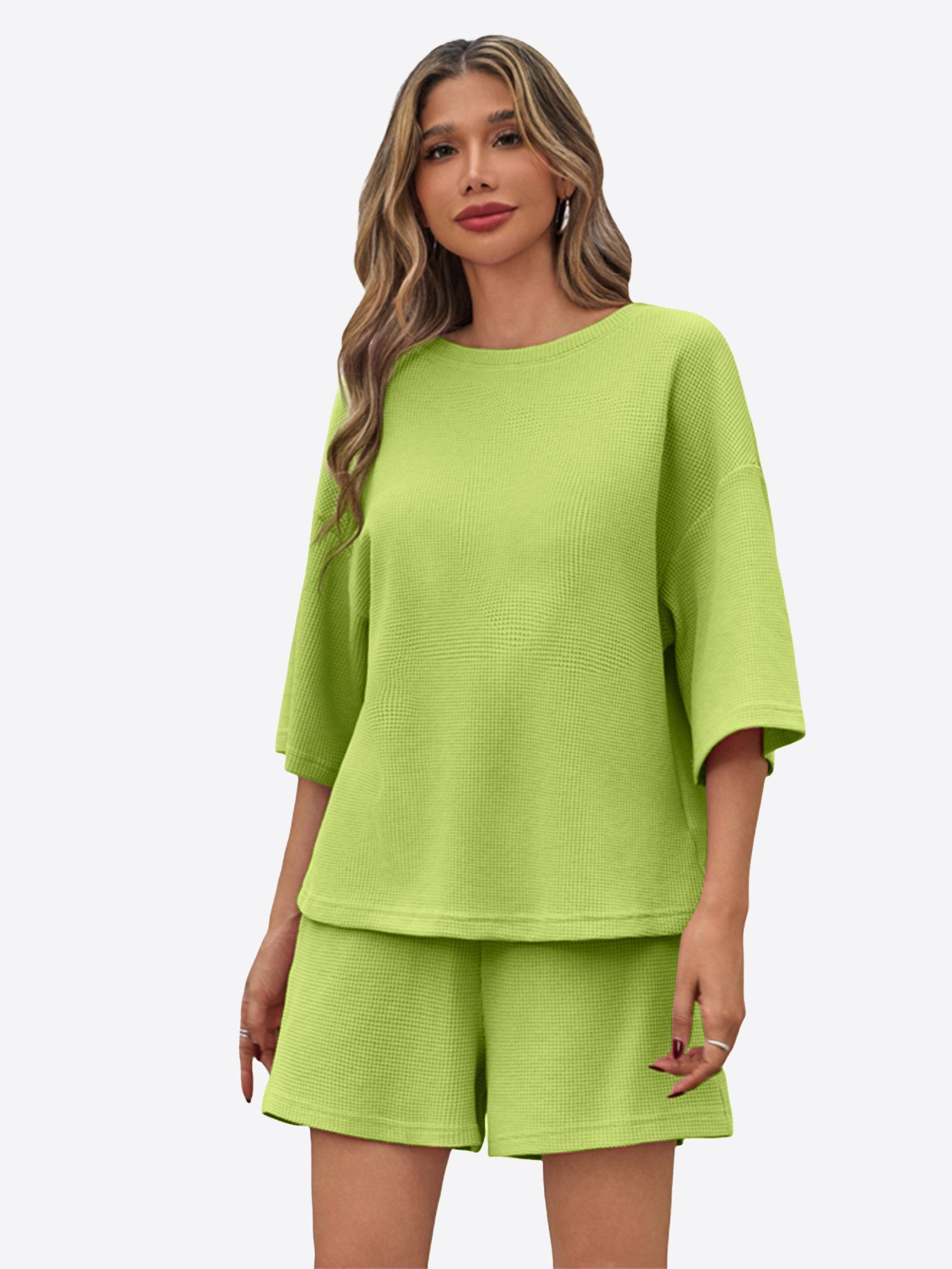 Imily Bela Hausanzug Damen 2-teiliger Freizeitanzug (Set, 2 tlg., 3/4-Arm Bluse + Shorts) in Unifarbe – Bild 4 von 5