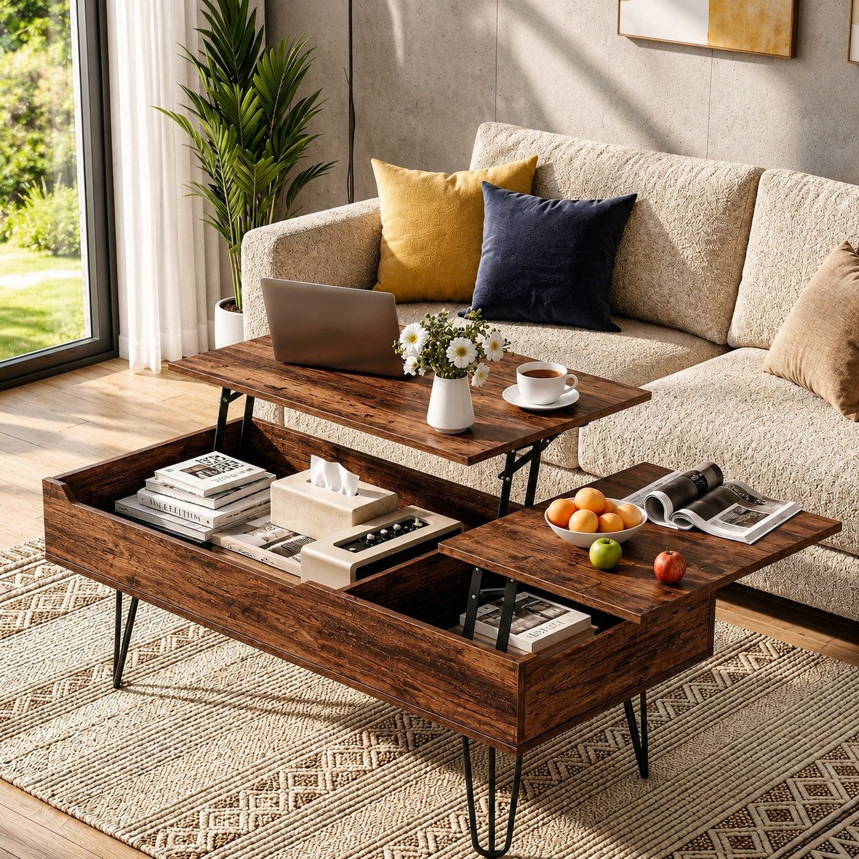 Gunuss Couchtisch höhenverstellbarer Wohnzimmertisch 100 *50*45cm Ablagefach Sofatisch (Kaffeetisch Ausziehbare Tischplatte, Auszug), Beistelltisch mit Doppelte Hubplatte