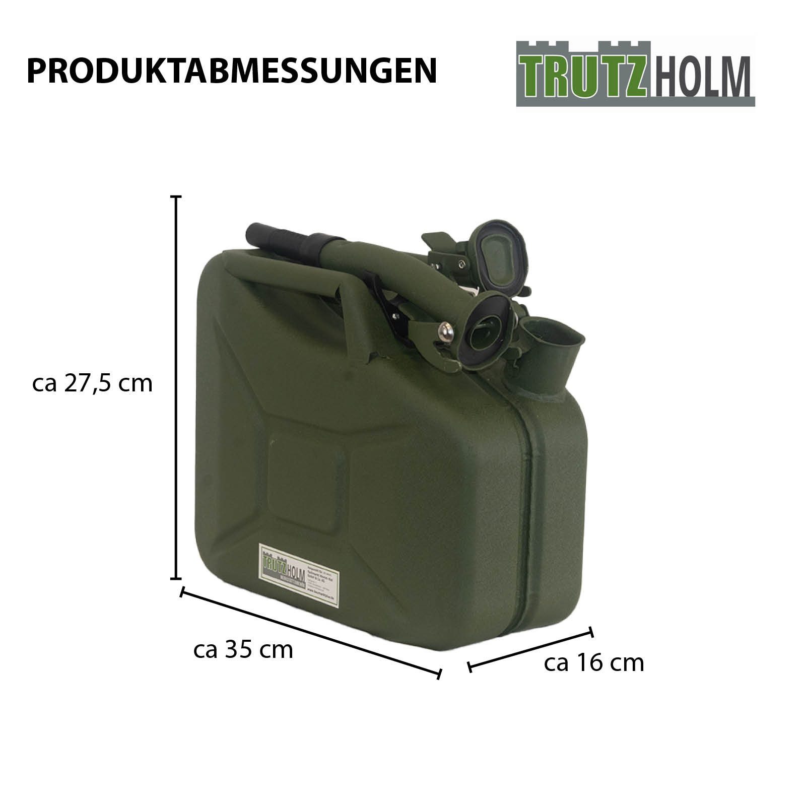 TRUTZHOLM Kanister Benzin Metall 10 Liter Hammerschlag Olivgrün inkl. Ausgießer + Halter (1 St), Metall