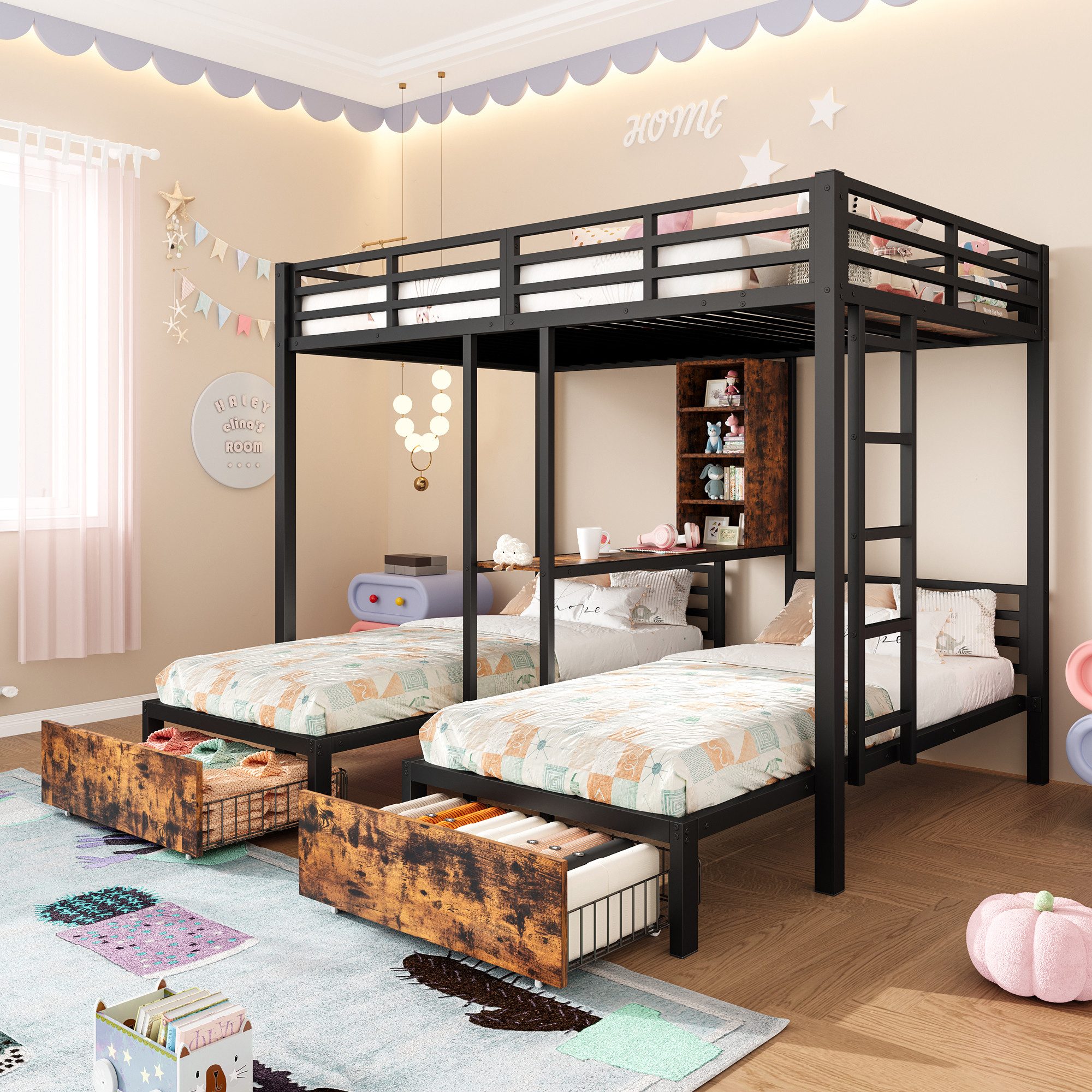 Flieks Etagenbett, Metallbett Dreierbett 90/140x200cm mit Staufächern und 2 günstig online kaufen
