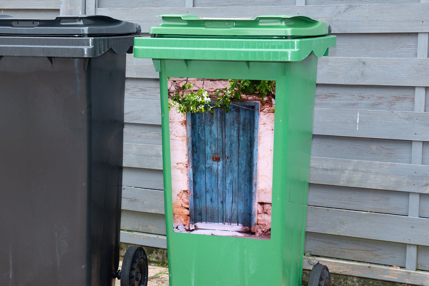 - - Mülleimer-aufkleber, Sticker, MuchoWow Blau St), (1 Vintage Container, - Tür Mülltonne, Abfalbehälter Baum - Wandsticker Haus