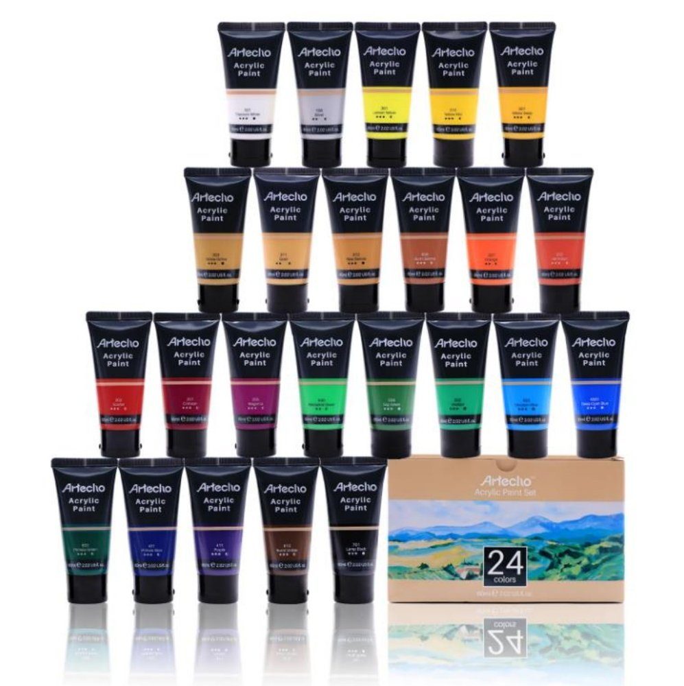 Artecho Acrylfarbe 24 x wasserfesten Acrylfarben, je 60 ml Tuben mit Klappverschluss, für Papier, Ton, Holz, Steine – zum Reisen, Malen & Freude verschenken