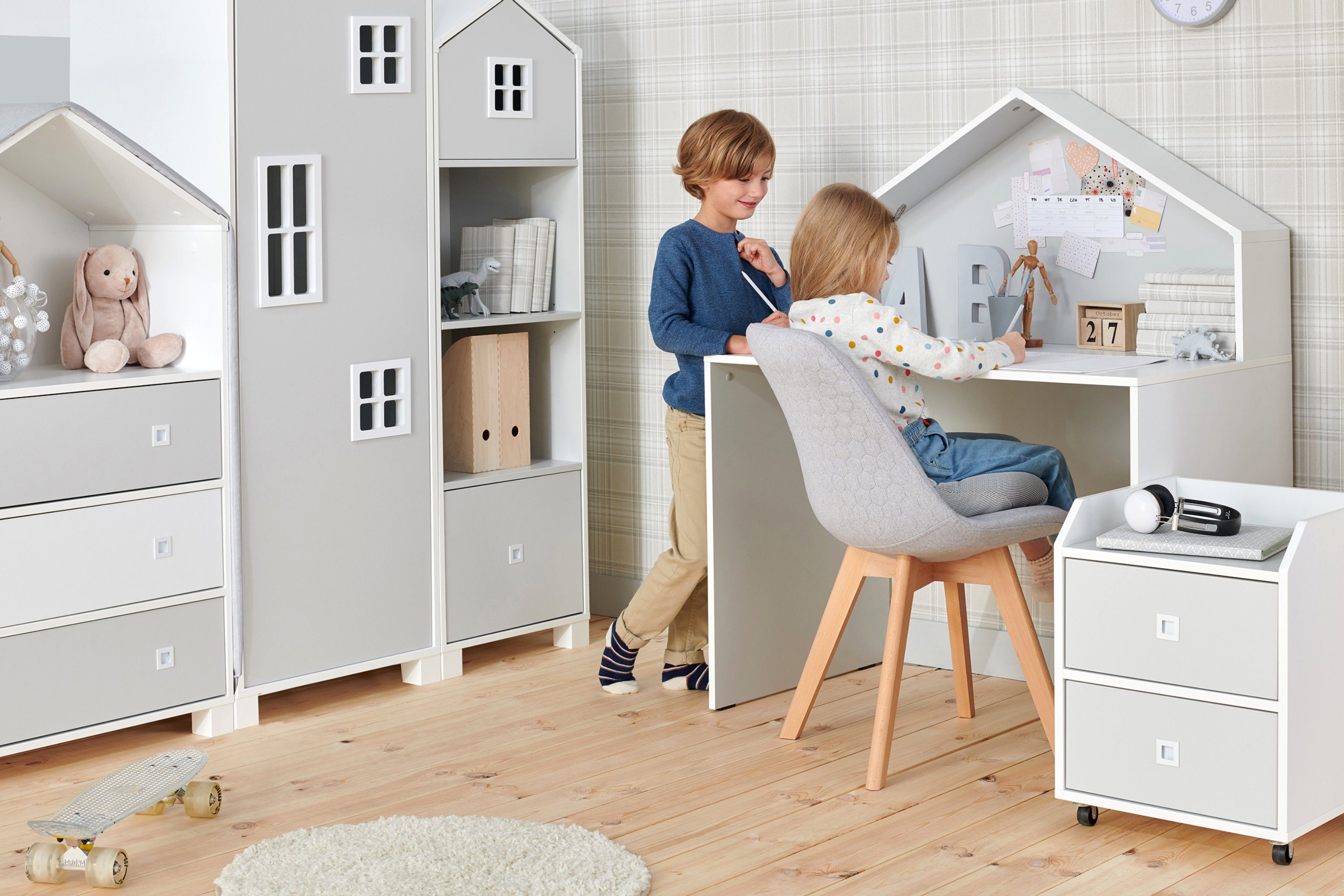 Hausform weiß mit Konsimo Standregale / Spielzeugablage Bücherregale Kinderregal Schublade, Einlegeböden Regal, Türen, mit grau MIRUM 3