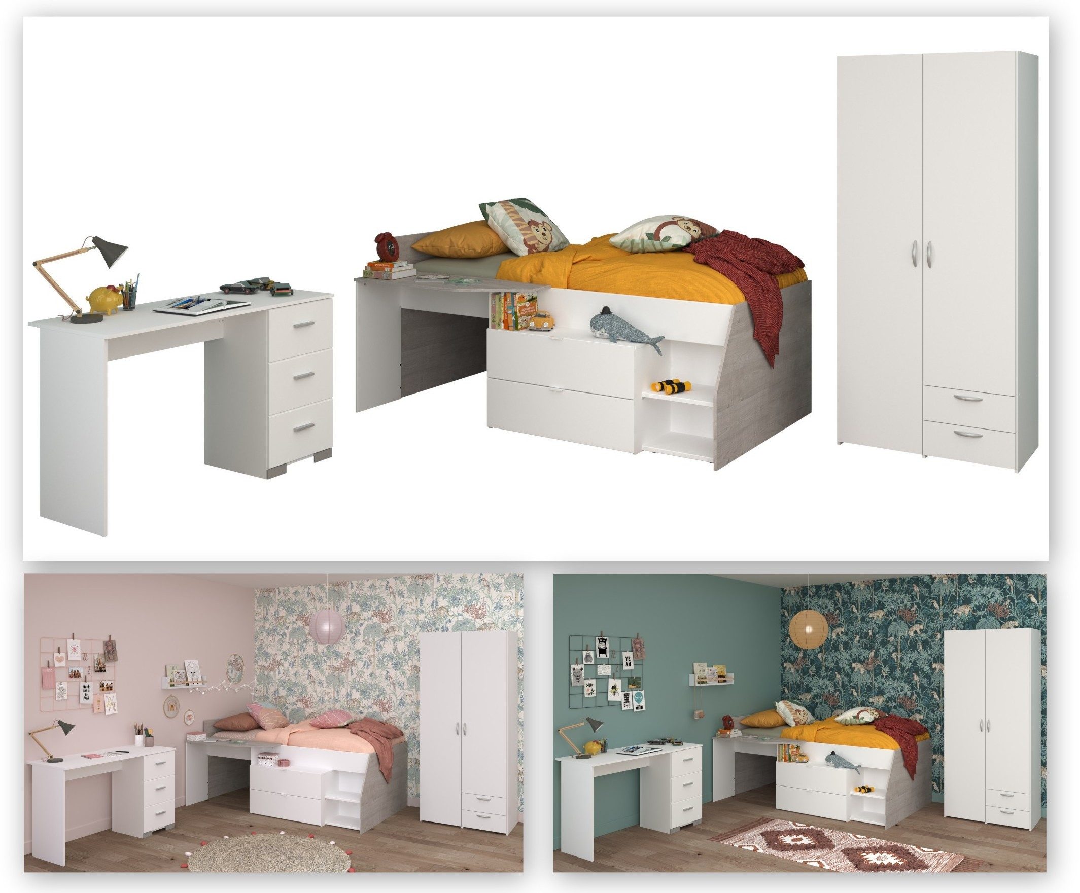 Parisot Jugendzimmer-Set Parisot Milky 13, 3-teilig, Bett, Kleiderschrank, Schreibtisch, in Weiss / Grey Loft