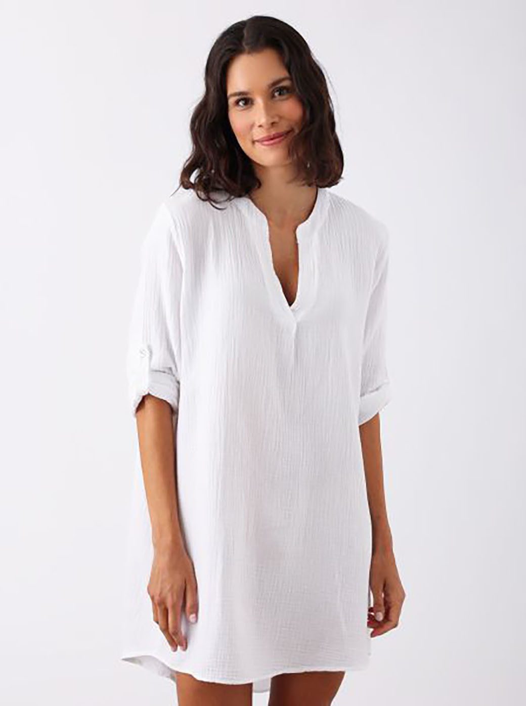 Zwillingsherz Schlupfbluse "Rom" verlängerte Rückenpartie, V-Neck, Turn-Up Ärmel, Musselin