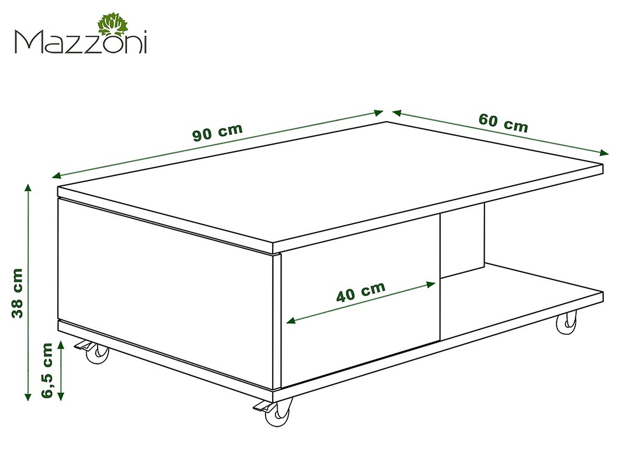 Mazzoni Couchtisch Vienna Weiß matt / Schwarz matt Wohnzimmertisch mit Rollen 90x60x38cm