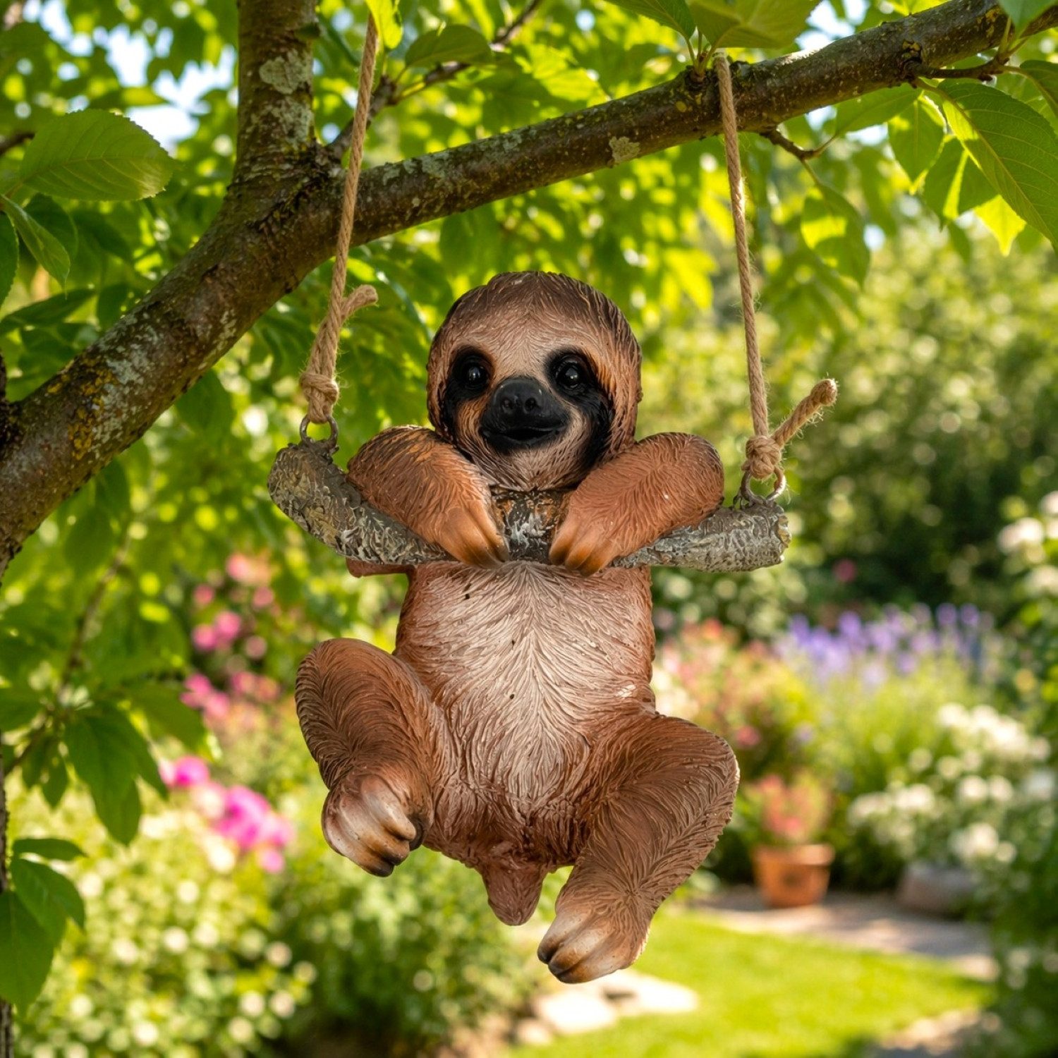 Online-Fuchs Gartenfigur für draußen - Faultier zum Aufhängen, Garten Deko Figuren, hängend 87, (wetterfest, Deko für Garten, Terrasse & Balkon), ca. 16 cm groß, mit Naturseil 48 cm lang