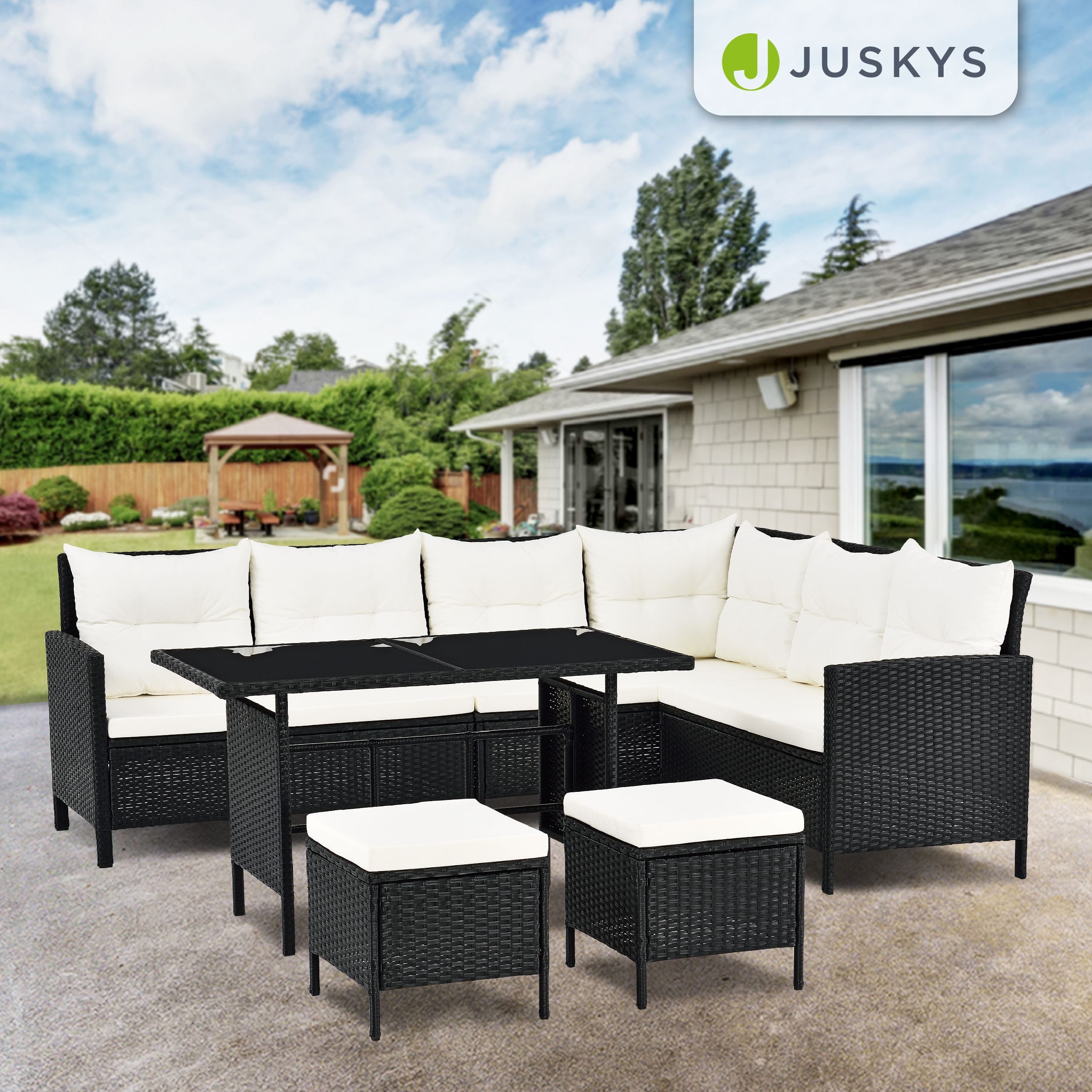 Juskys Gartenlounge-Set Manacor, (Gartenlounge), Polyrattan Gartenmöbel-Set mit Garten-Sofa, Garten-Tisch und 2 Hocker