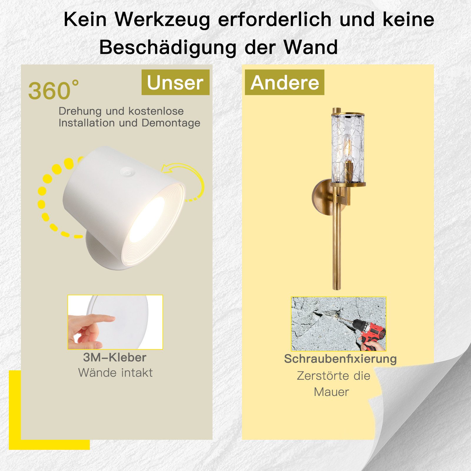 Nettlife LED Wandleuchte Wandlampe Touch 3 Helligkeitsstufen Kabellose, 360° Drehbar, LED fest integriert, Warmweiß Neutralweiß Kaltweiß, Wohnzimmer Kinder Wohnzimmer Schlafzimmer Flur