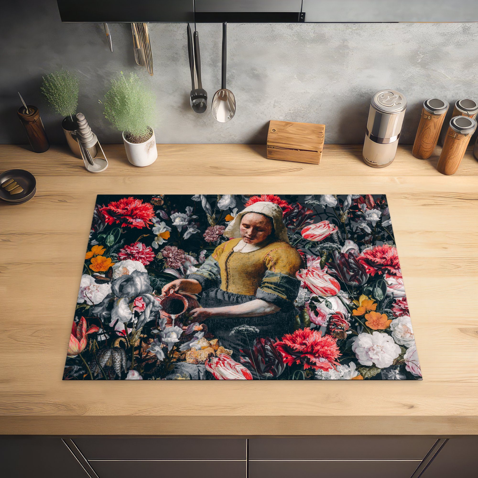 MuchoWow Herdblende-/Abdeckplatte Vermeer - Milchmädchen Ceranfeldabdeckung Vinyl, küche, Schutz für tlg), Induktionskochfeld die (1 - 71x52 cm, Blumen