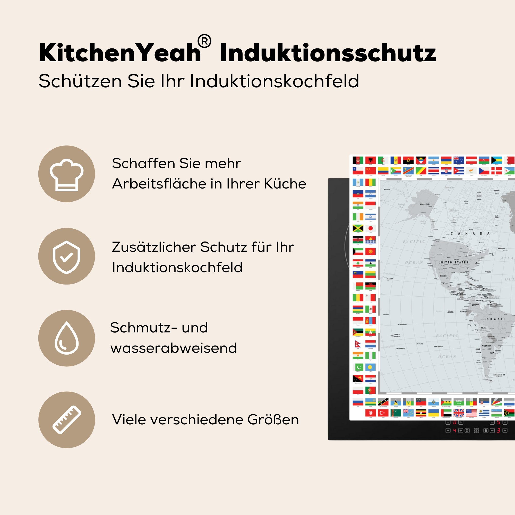 Weltkarte - für küche cm, Herdblende-/Abdeckplatte - tlg), (1 83x51 MuchoWow Schwarz Vinyl, Arbeitsplatte - Ceranfeldabdeckung, Weiß, Flagge