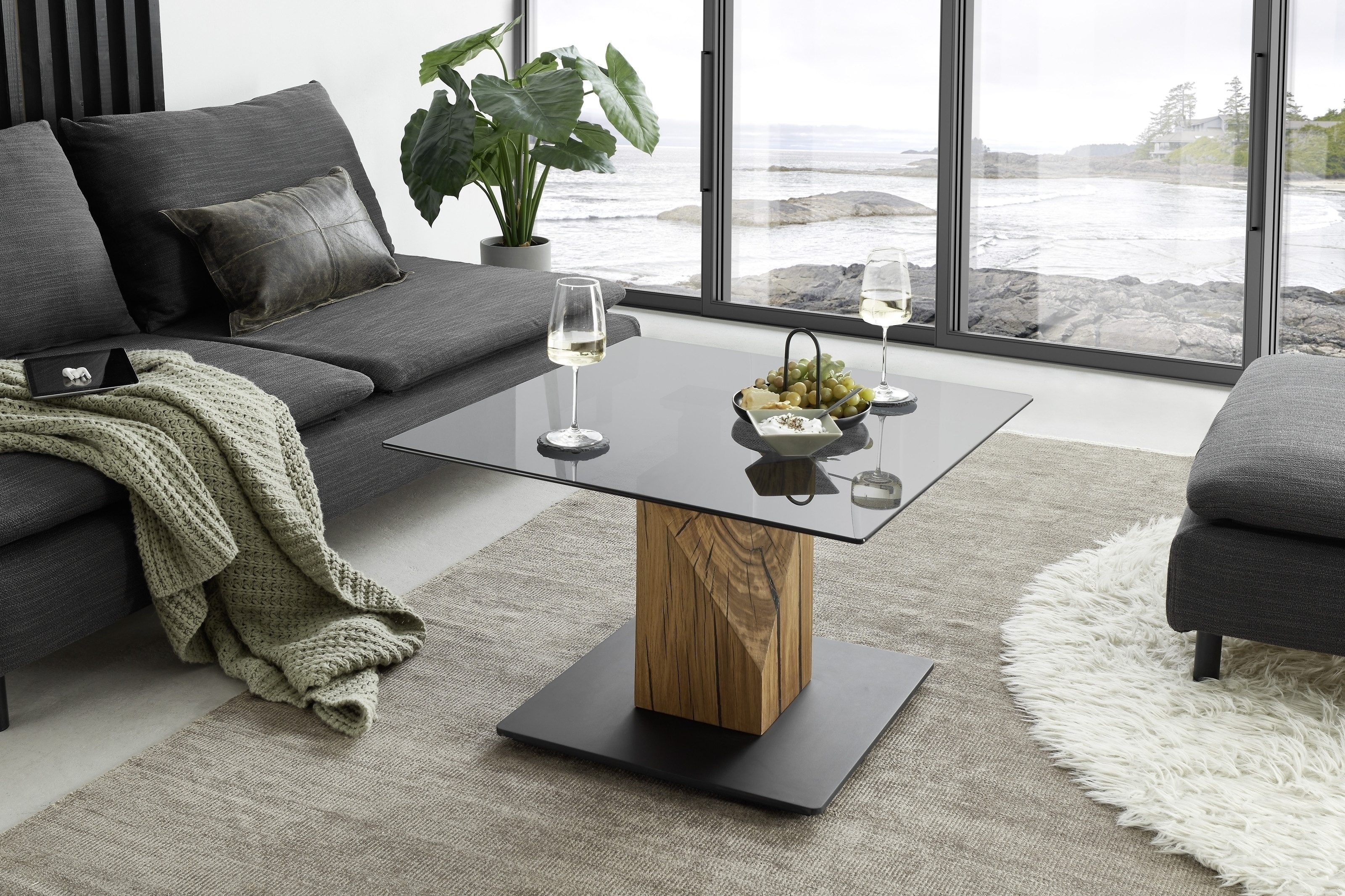 freiraum Couchtisch BALSTA, höhenverstellbar, Rollen, Eiche / schwarz / Gla günstig online kaufen