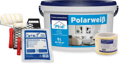 plid Wand- und Deckenfarbe Premium Polarweiss Innenfarbe Wandfarbe Deckenfarbe Profi Farbe Set, Schnelltrocknend, spritzarm, verarbeitungsfertig