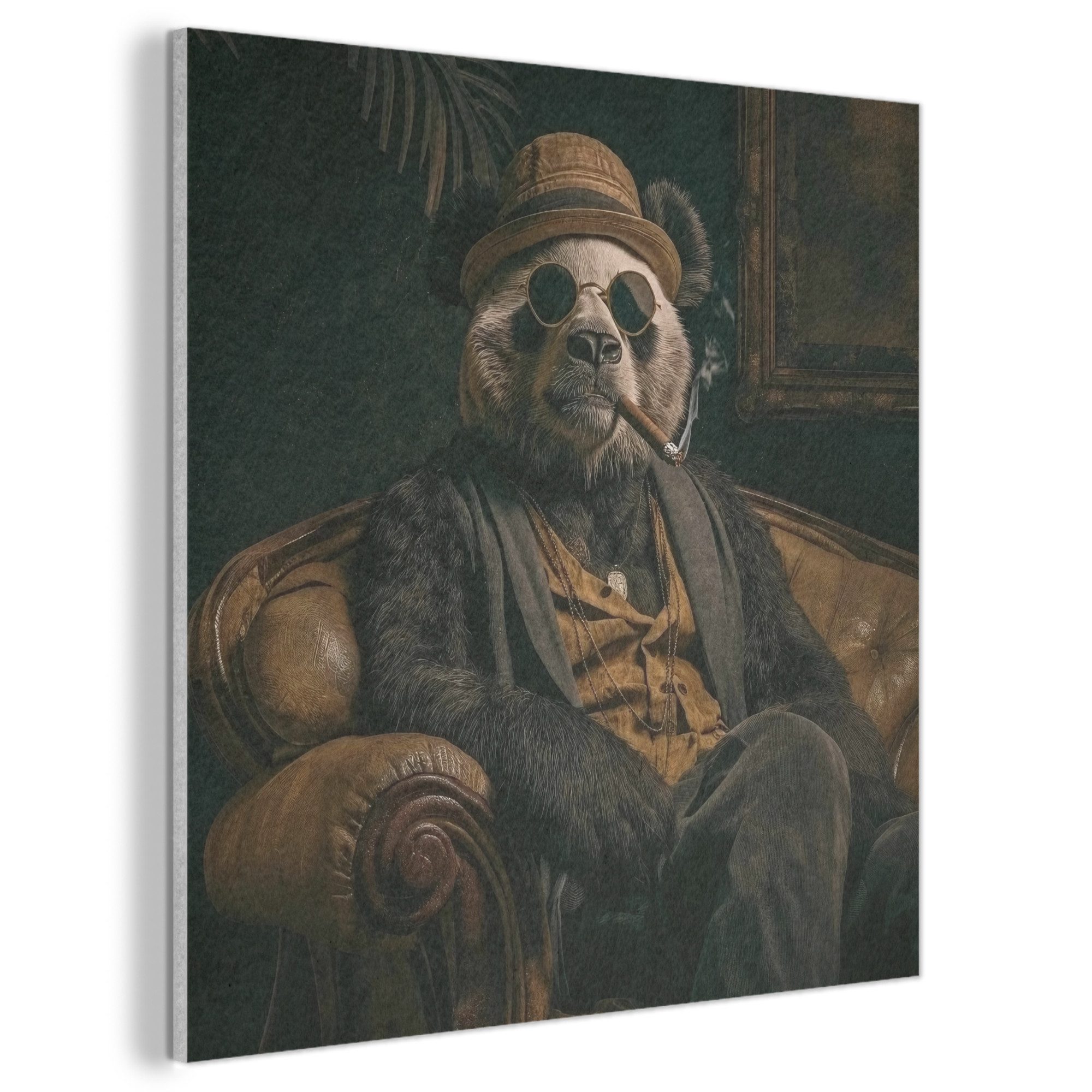 MuchoWow Gemälde Panda - Hut - Brille - Anzug, Fotodruck (1 St), Akustikbilder PET-Filz, Wandpaneele, Akustikpaneele 40x40 cm
