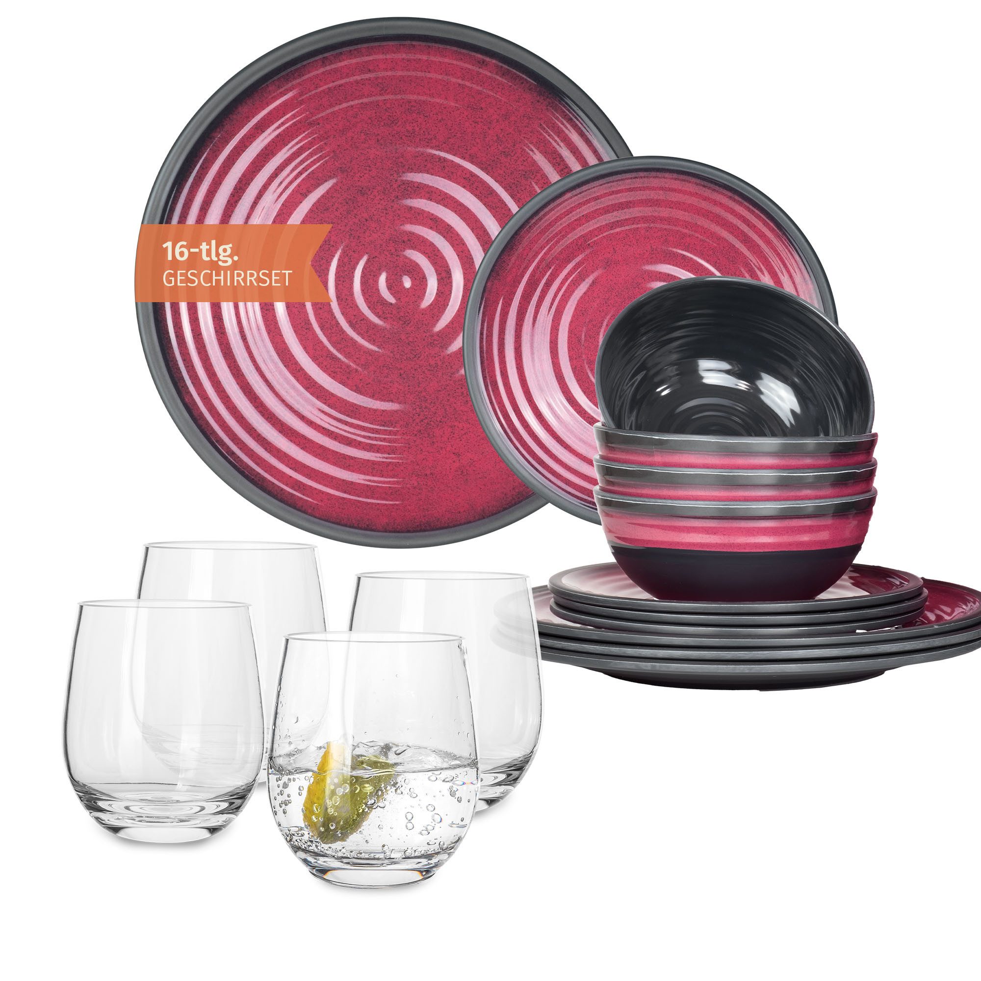 Moritz Geschirr-Set Camping Geschirr Stone Red + Tiamo Wassergläsern