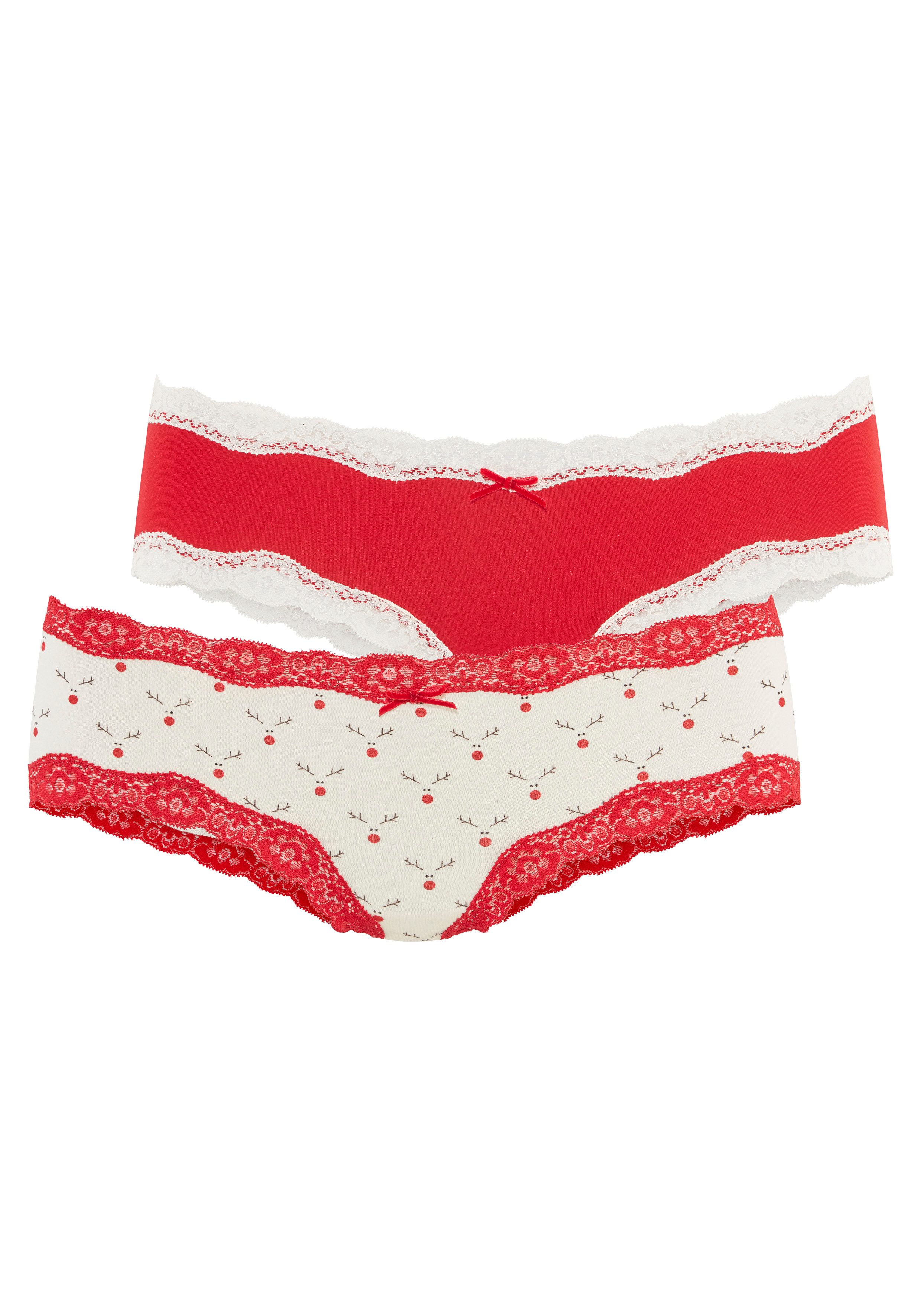 LASCANA Hipster (2er-Pack) mit feiner Spitze und weihnachtlichen Prints
