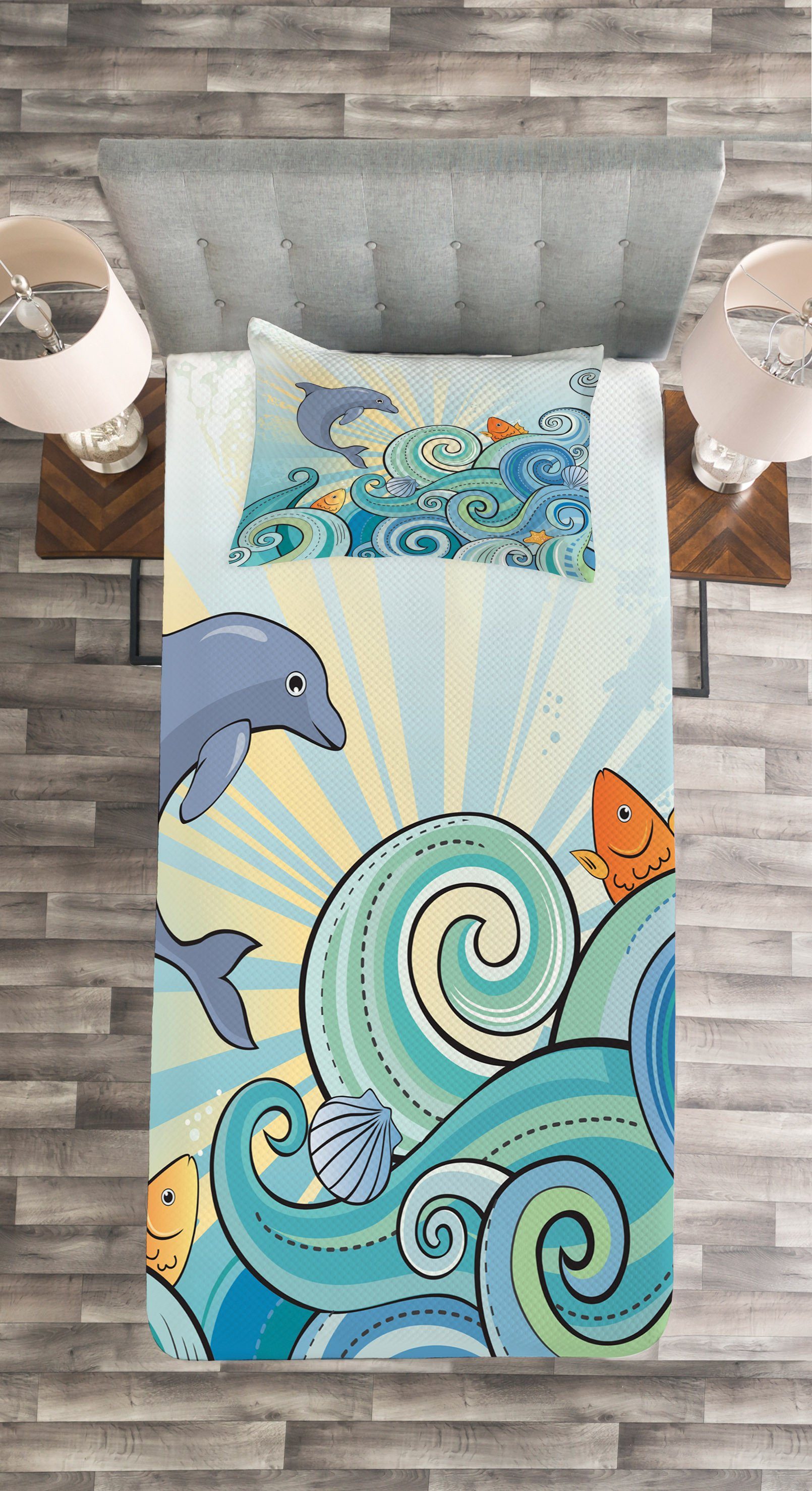 Tagesdecke Waschbar, Set Kissenbezügen Delphin-Ozean Abakuhaus, Kids Cartoon mit