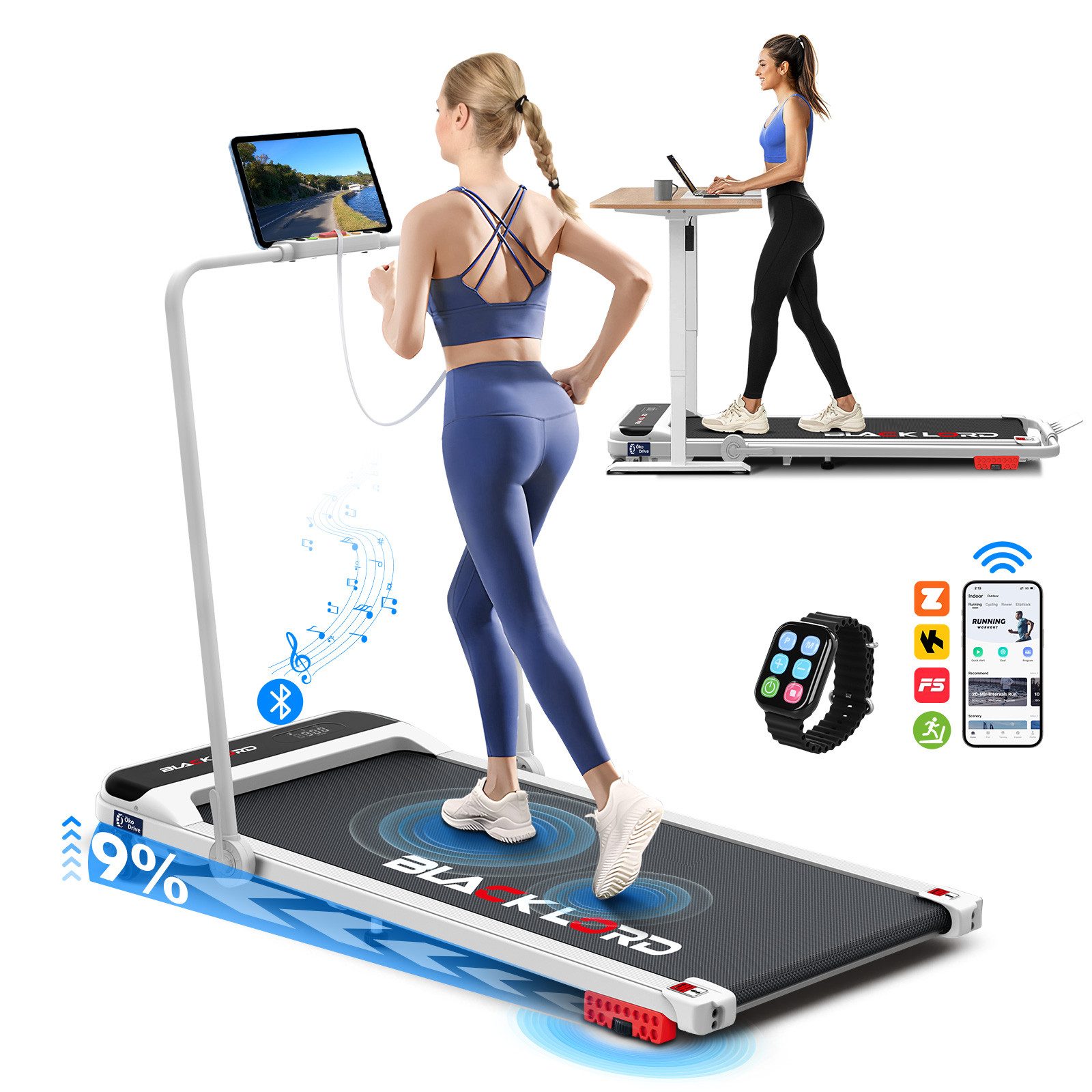 BLACK LORD Laufband 4-in-1 (16 km/h, 3,2 PS) mit 9% Steigung, Haltegriff (125 x 56 x 109 cm), mit Bluetooth & LED. Leise, klappbar, bis 140 kg. Ideal für Zuhause.