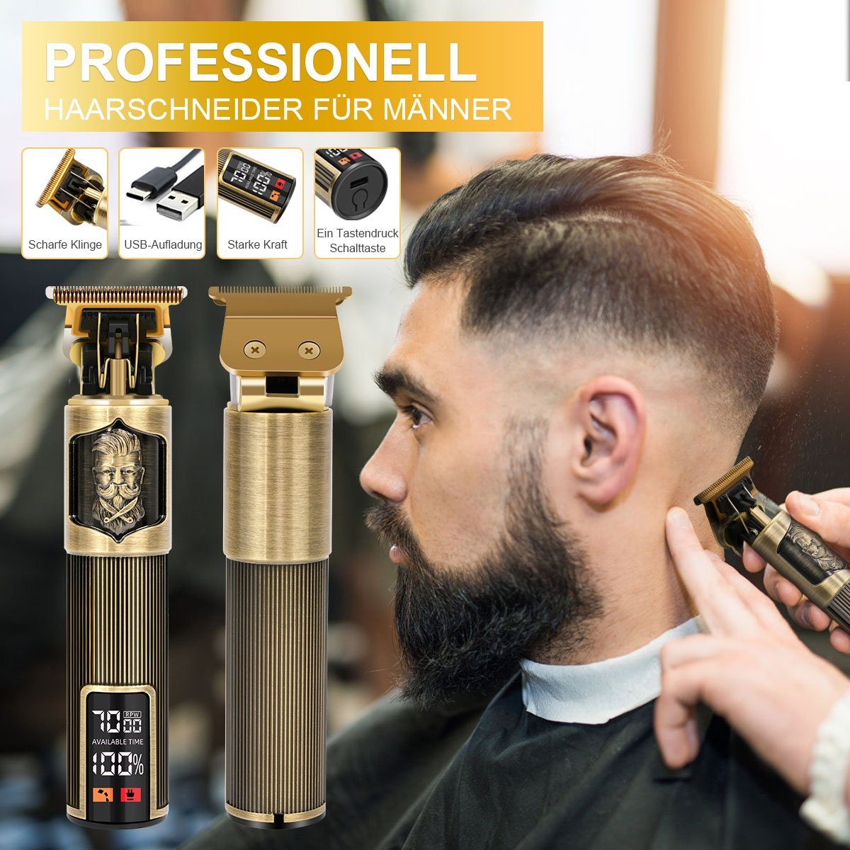 7Magic Haar- und Bartschneider, Haarschneidemaschine Gold-1202 Kabellose Wiederaufladbare Kahle für Männer Barbierschere, Haarschneider