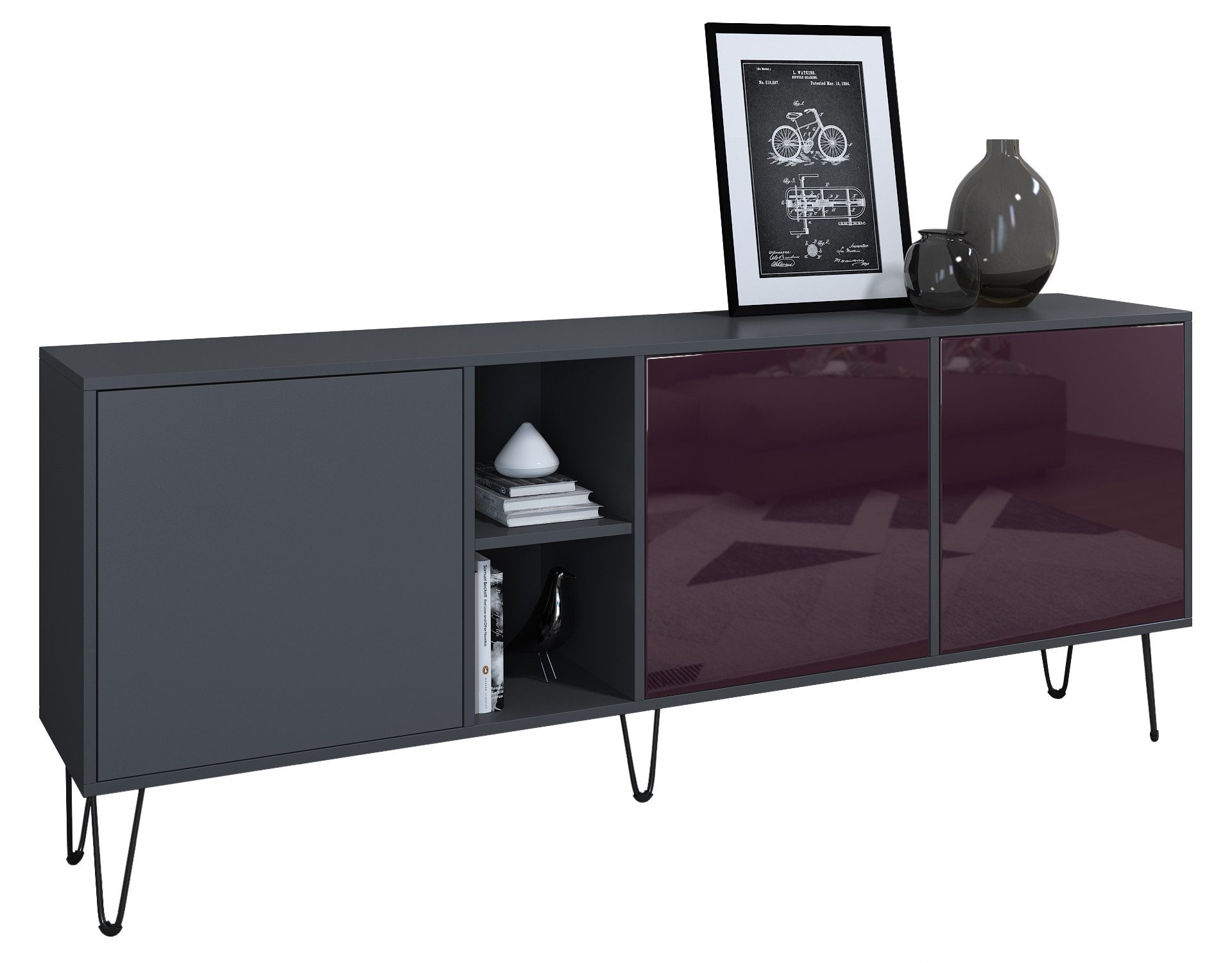 Vladon Sideboard Havana (TV-Schrank mit 3 Türen und 2 offene Fächer, Kommode Made in Germany), Anthrazit matt / Brombeer Hochglanz (181,5 x 73 x 35 cm)