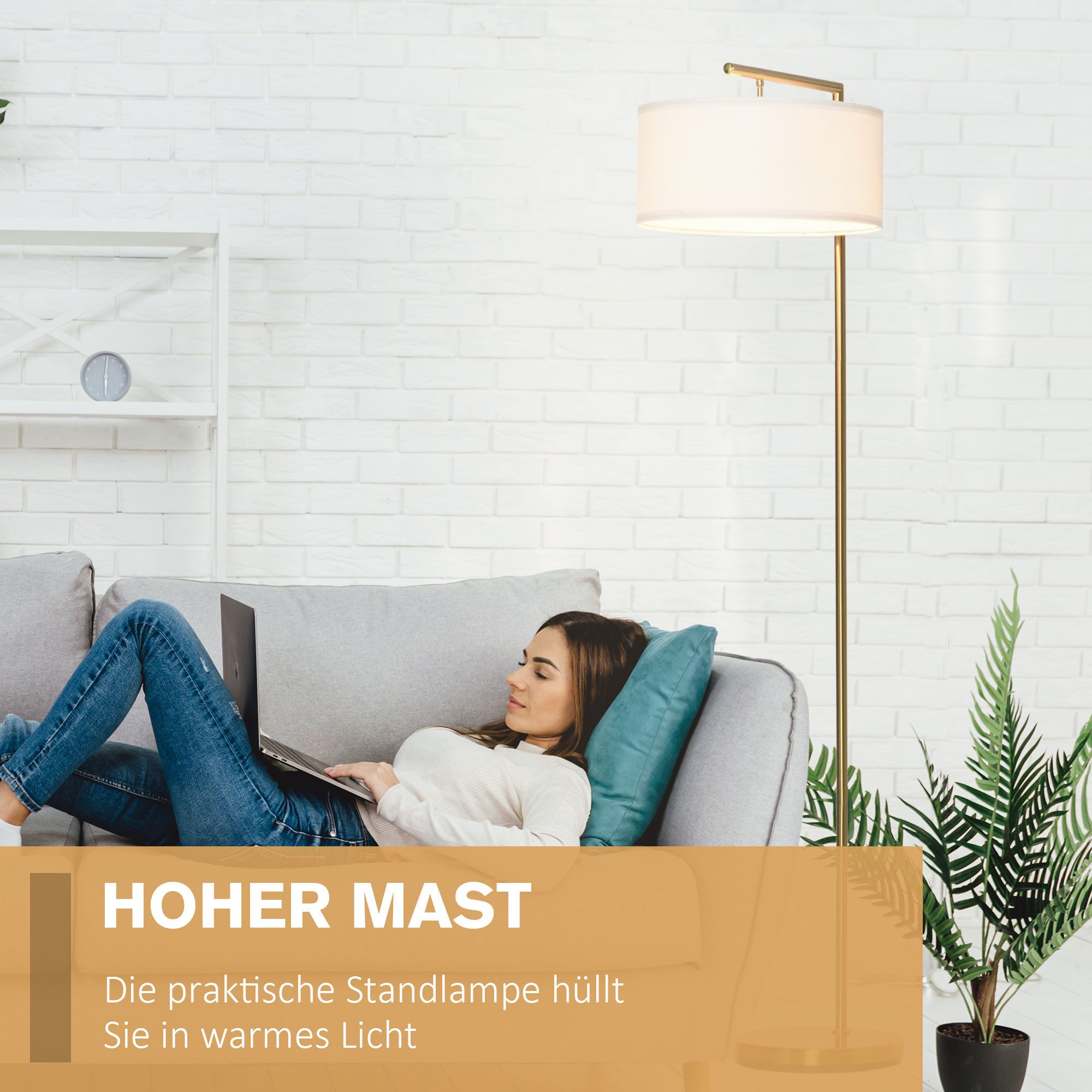 Blossom Stehlampe Standleuchte Stehleuchte E27 Sockel Stahl Leinen, Leselampe für Wohnzimmer, Schlafzimmer, Büro, Esszimmer, Gold Weiß