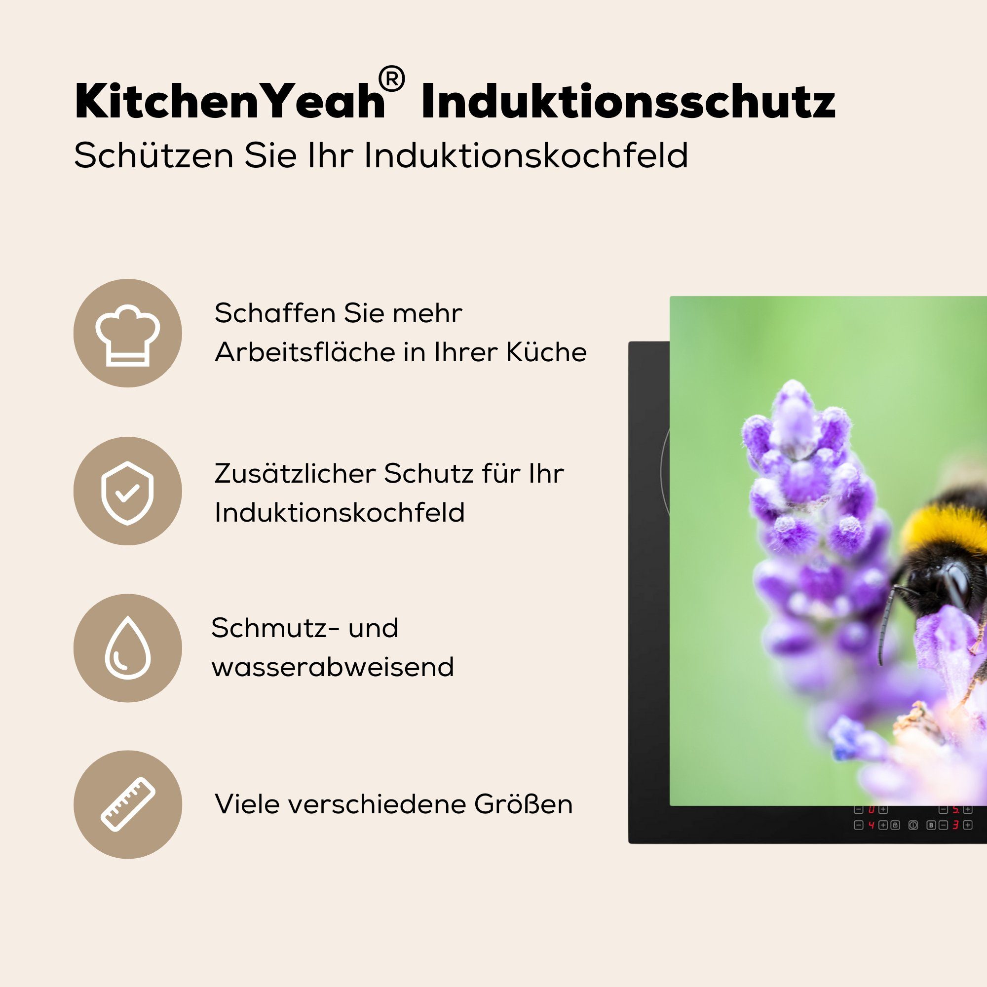 MuchoWow Herdblende-/Abdeckplatte Hummeln Lavendel, tlg), küche Vinyl, - (1 cm, - 78x78 Ceranfeldabdeckung, Insekten für Arbeitsplatte