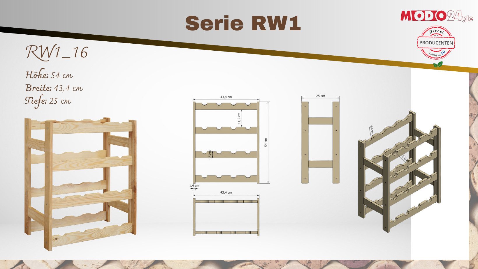 Modo24 Weinregal Flaschenregal Holzregal Flaschenständer Varianten 12 bis 91 Flaschen, RW1 Getränkeregal, 3 Farben, FSC Holz Nachhaltig