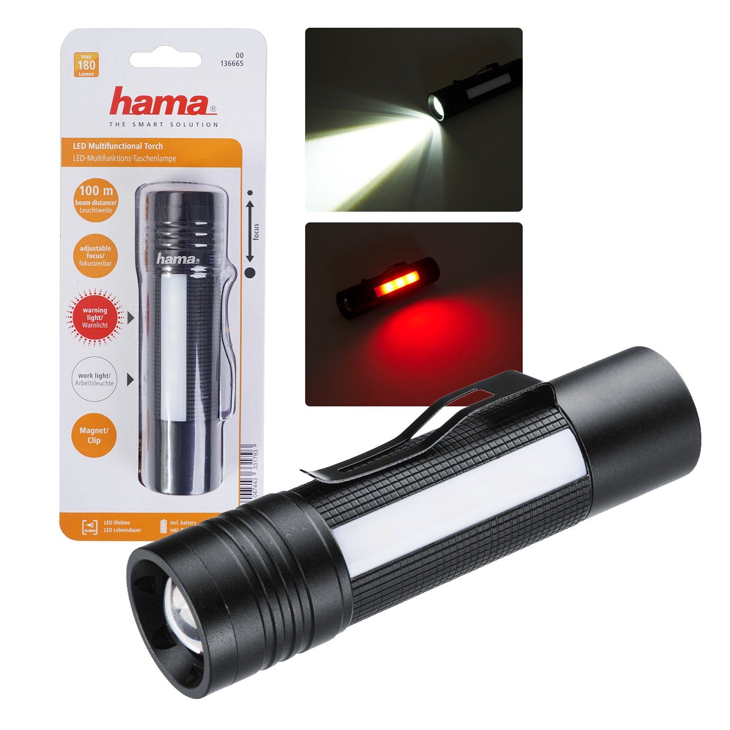 Hama LED Laterne »LED Taschenlampe Multifunktion Aluminium«, auch als  Werkstattlampe, LED, weiß, Alu Gehäuse mit Magnet, Hell 180 Lumen,  Fokussierbar, 100m Reichweite, Arbeits-Leuchte mit rotem Warnlicht