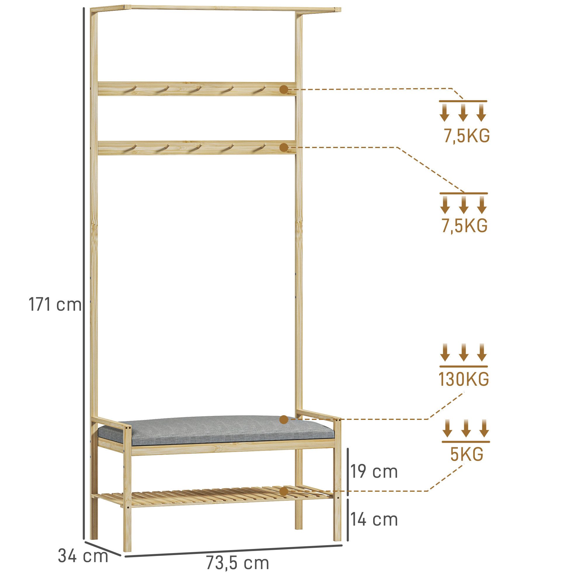 HOMCOM Garderobenständer Garderobe mit Schuhbank, Haken, Schuhregal, (Kleiderständer, 1 St., Jackenständer), für Eingangsbereich, Flur, Bambus, Natur