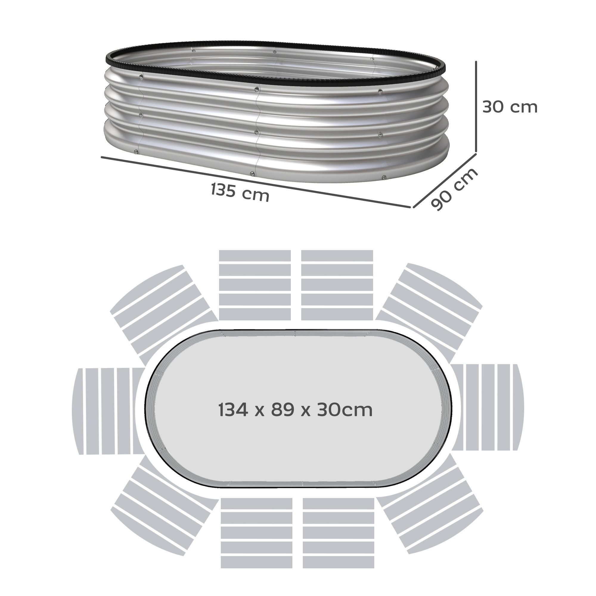 Outsunny Hochbeet mit Offenem Boden, Gummistreifen, Sicherheitsrand, Handschuhe (Hochbeet-Kit, 2 St., Oval Hochbeete), für Gemüse Obst, Blumen, Kräuter Silber