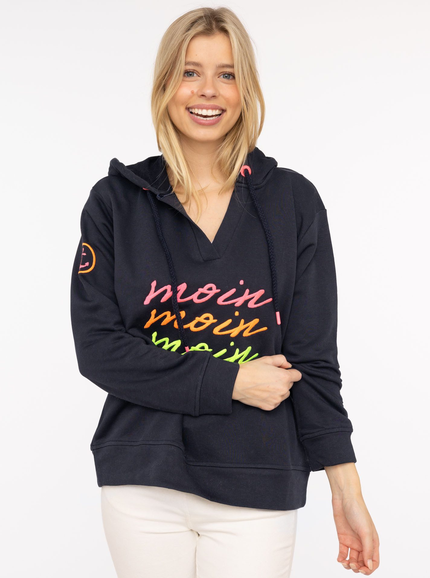 Zwillingsherz Hoodie "Moin Moin Moin" V-Ausschnitt, bunte Stickerei, Kapuze günstig online kaufen