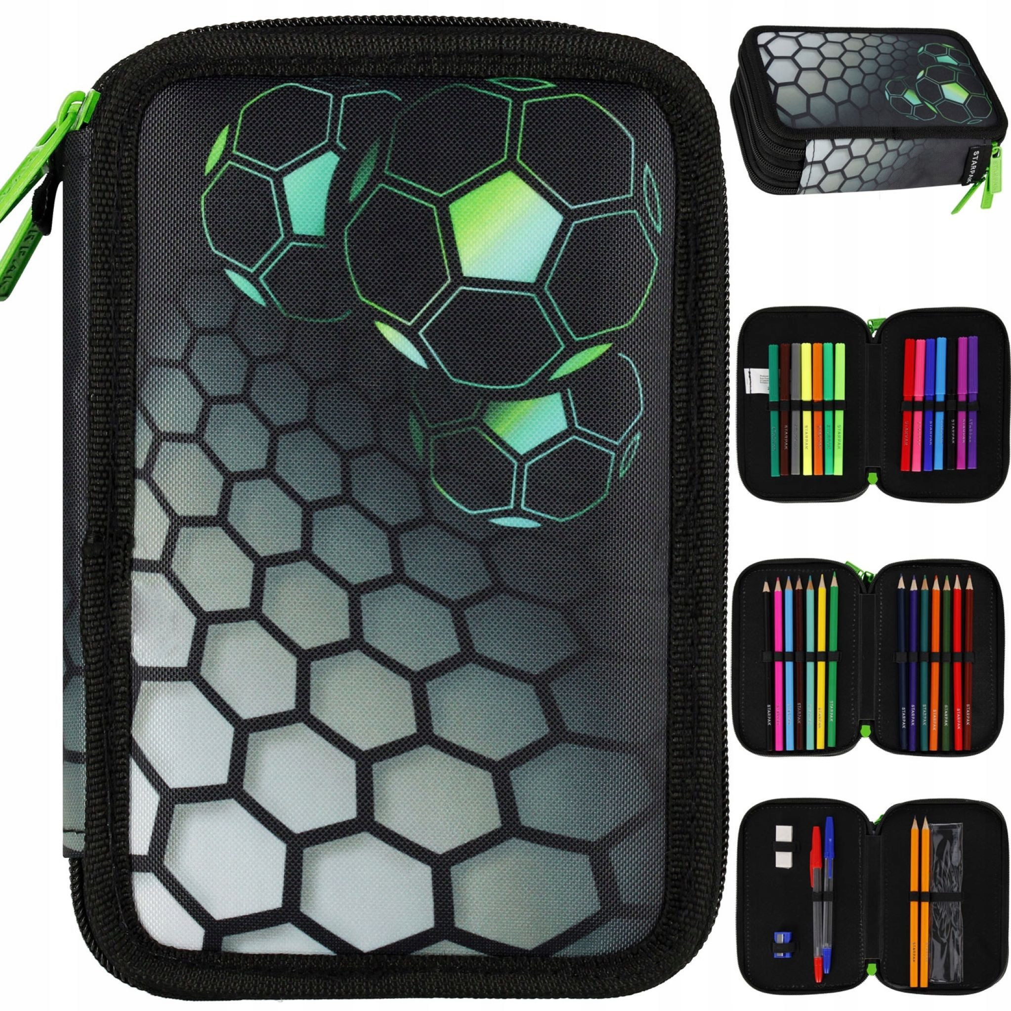 Festivalartikel Federtasche Dreikammer-Mäppchen mit Fußball-Motiv, über 30 Teile, Schulbedarf