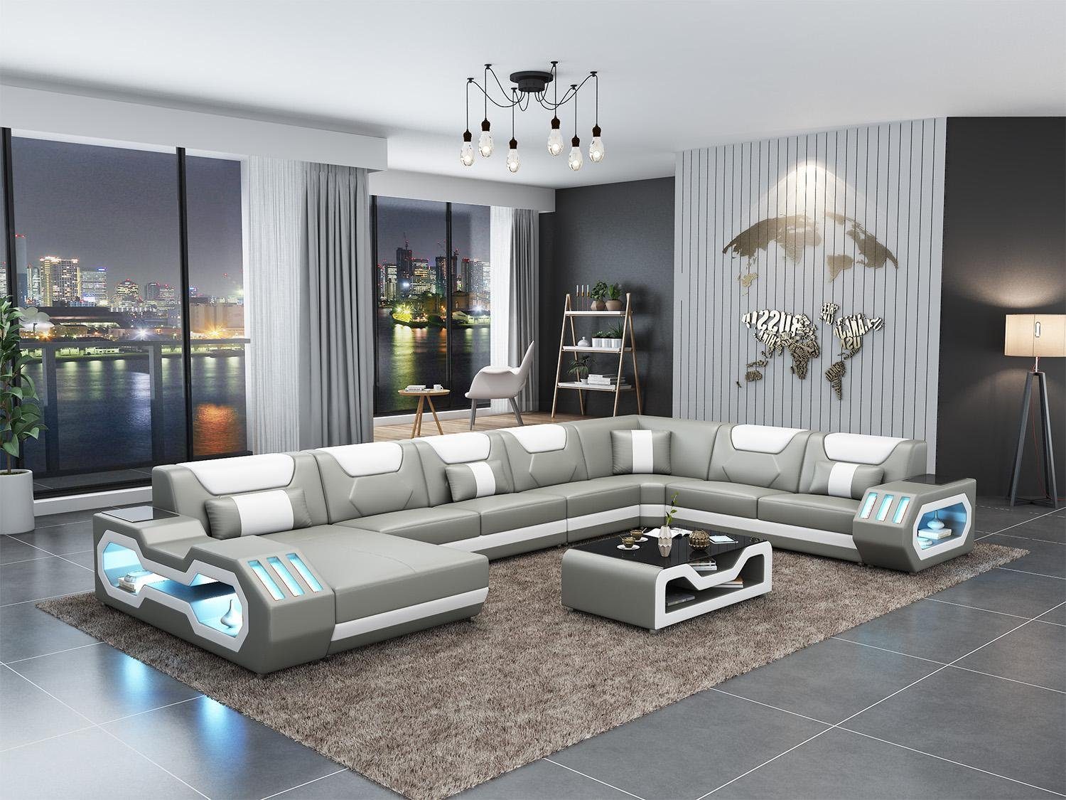 JVmoebel Ecksofa Ledersofa Ecksofa Silber/Weiß Sofa in Garnitur Europe Form Made Polster Design, Couch U