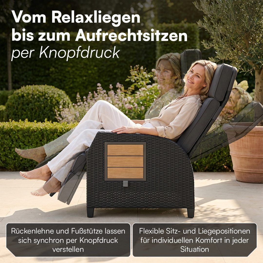 STEELSØN Gartensessel Caelum Gartensessel mit Liegefunktion, mit Ausklapptisch (Schwarz/Akazie, 1-St), Rattan Liegesessel, ausklappbarer Tisch