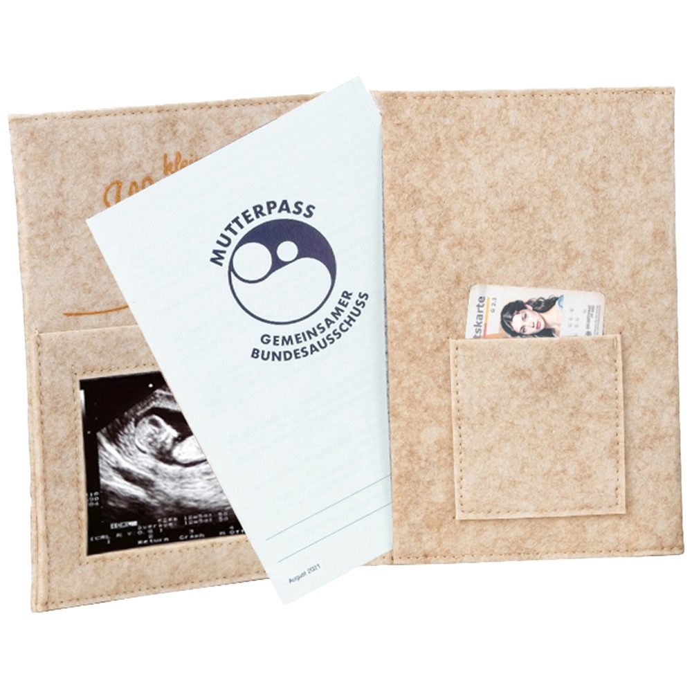 Mel-O-Design Mutterpass-Hülle Mutterpass Hülle Schutzhülle beige, grau aus Polyester Filz aus Polyester Filz, mit vielen Funktionen, mit schöner Stickerei