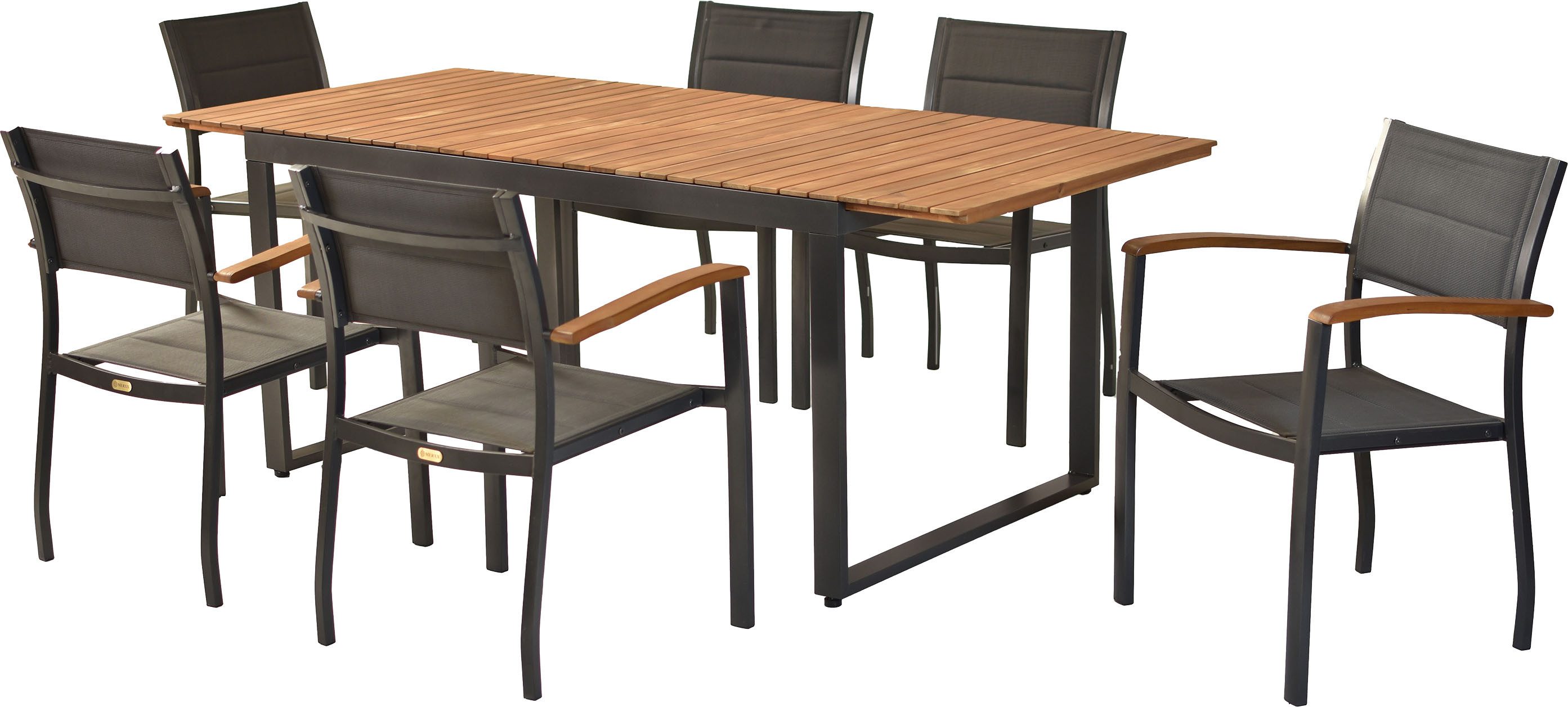 MERXX Garten-Essgruppe Paxos, (Set, 7-tlg), inkl. 6 Stapelsessel, 1 Ausziehtisch