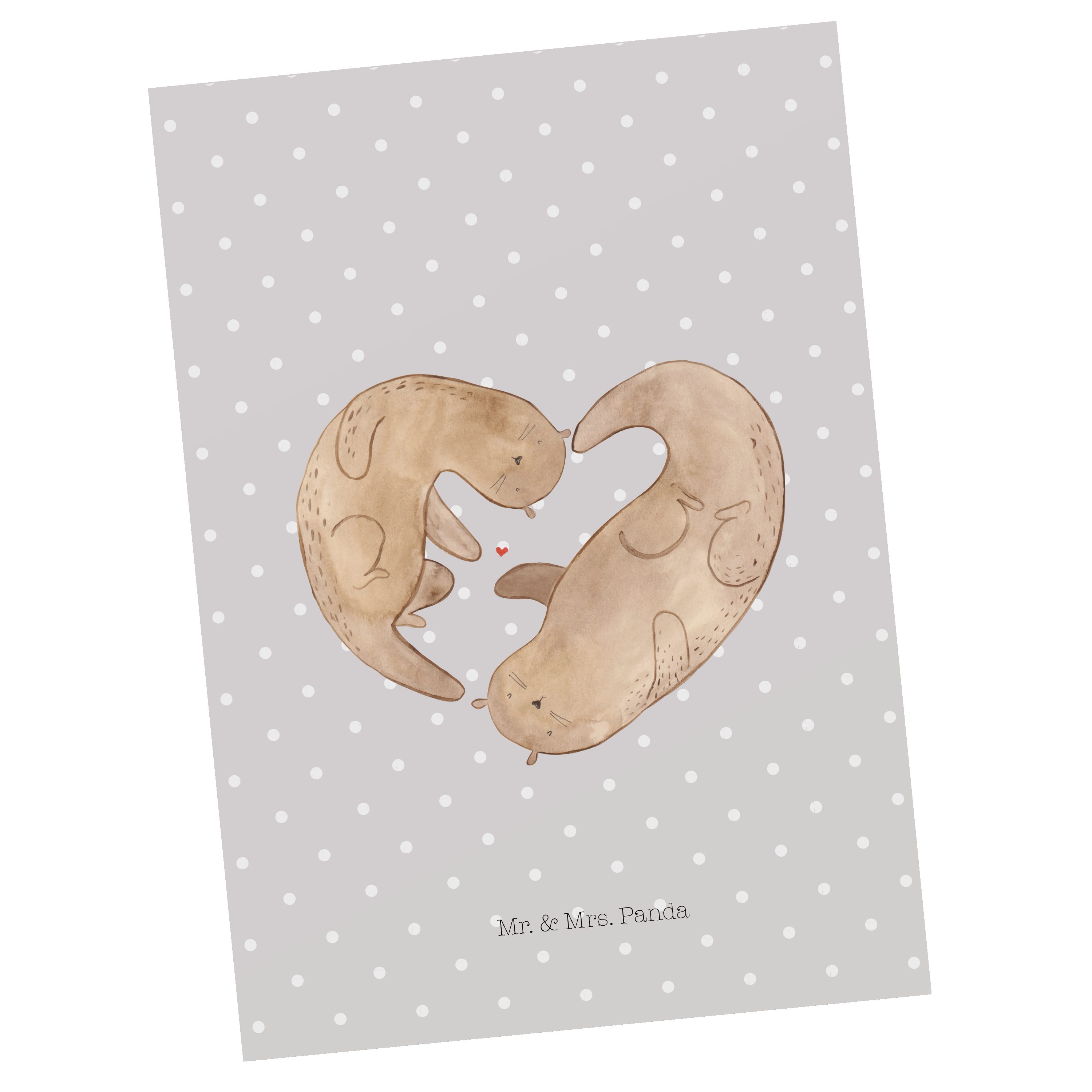 Mr. & Mrs. Panda Postkarte Otter Herz - Grau Pastell - Geschenk, Dankeskarte, Geschenkkarte, See