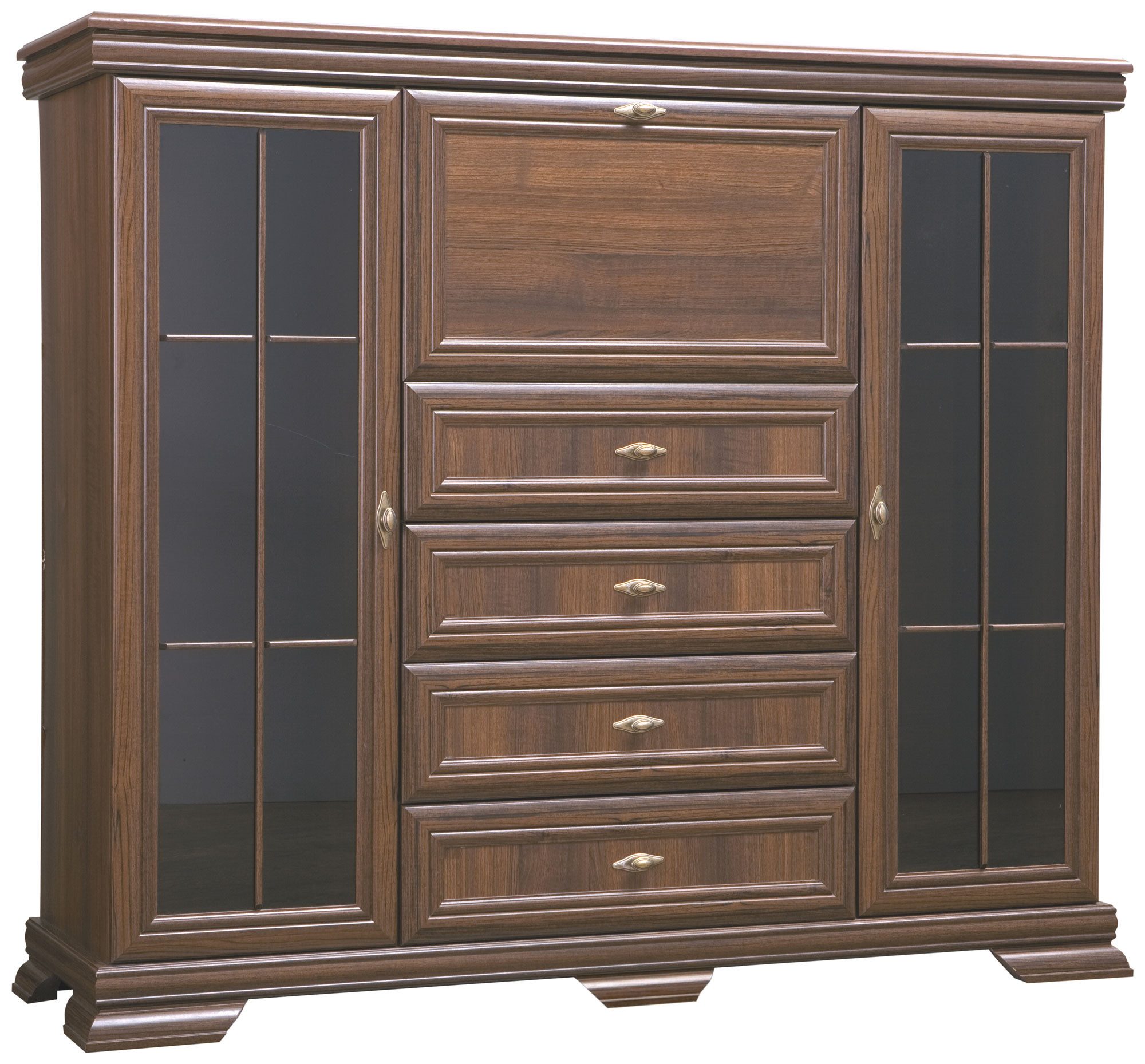 Feldmann-Wohnen Highboard Kora (2 Glastüren, 1 Klappe, 4 Schubladen, 4 Einlegeböden, 1 St., klassisch elegante Optik, Metallgriffe, MDF-Aufleistung), 158x46x136cm Samoa King