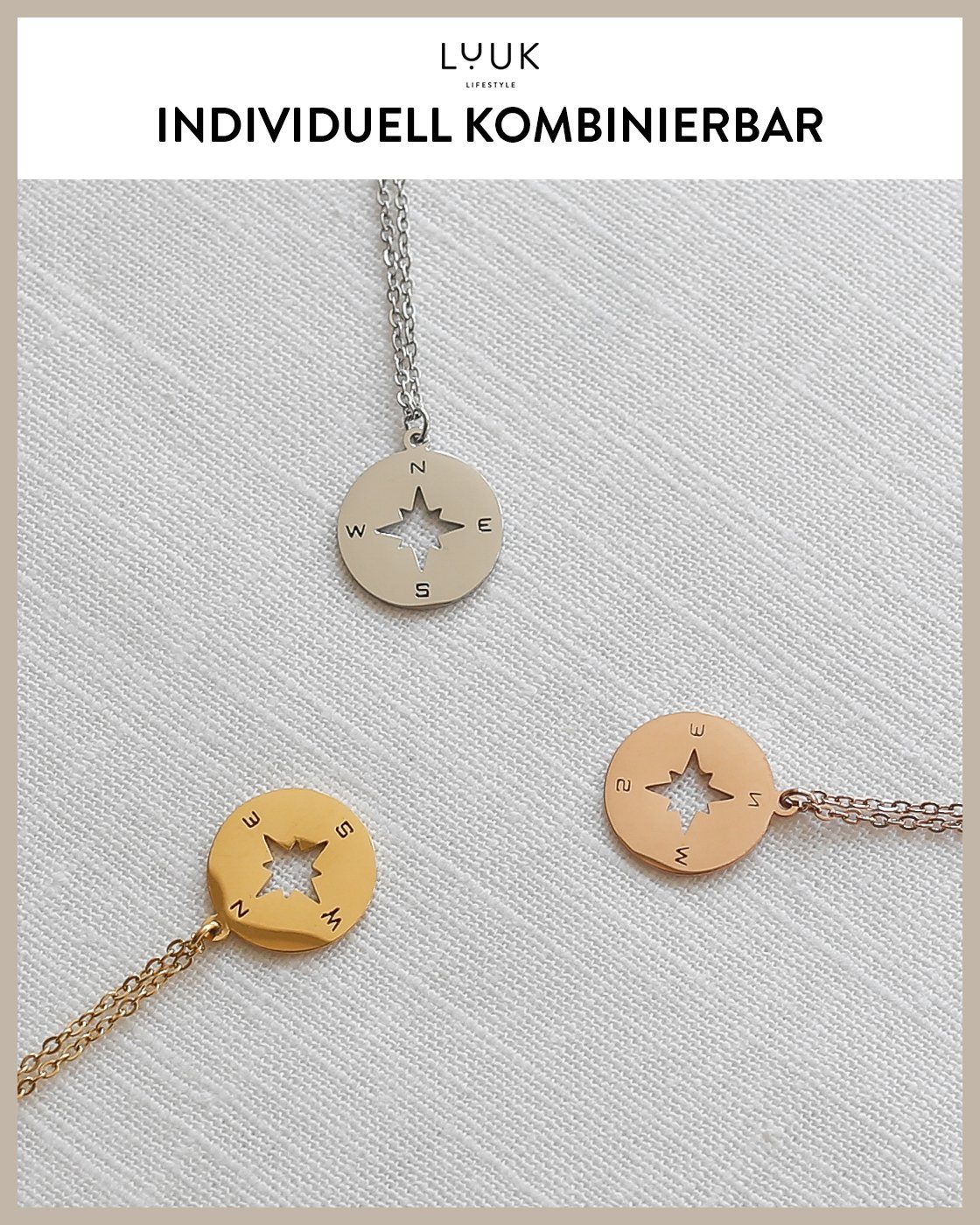 Anhänger Kompass, Geschenk mit LIFESTYLE für Rosé verstellbare Freundin Kette LUUK Kette,