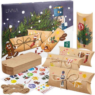 LIVAIA Kalender zum Selbstbasteln »Advent Kalender zum Befüllen & Basteln - mit Kissen-Kartons, Verschlussetiketten, Schnur und Aufklebern«, DIY für Erwachsene & Kinder