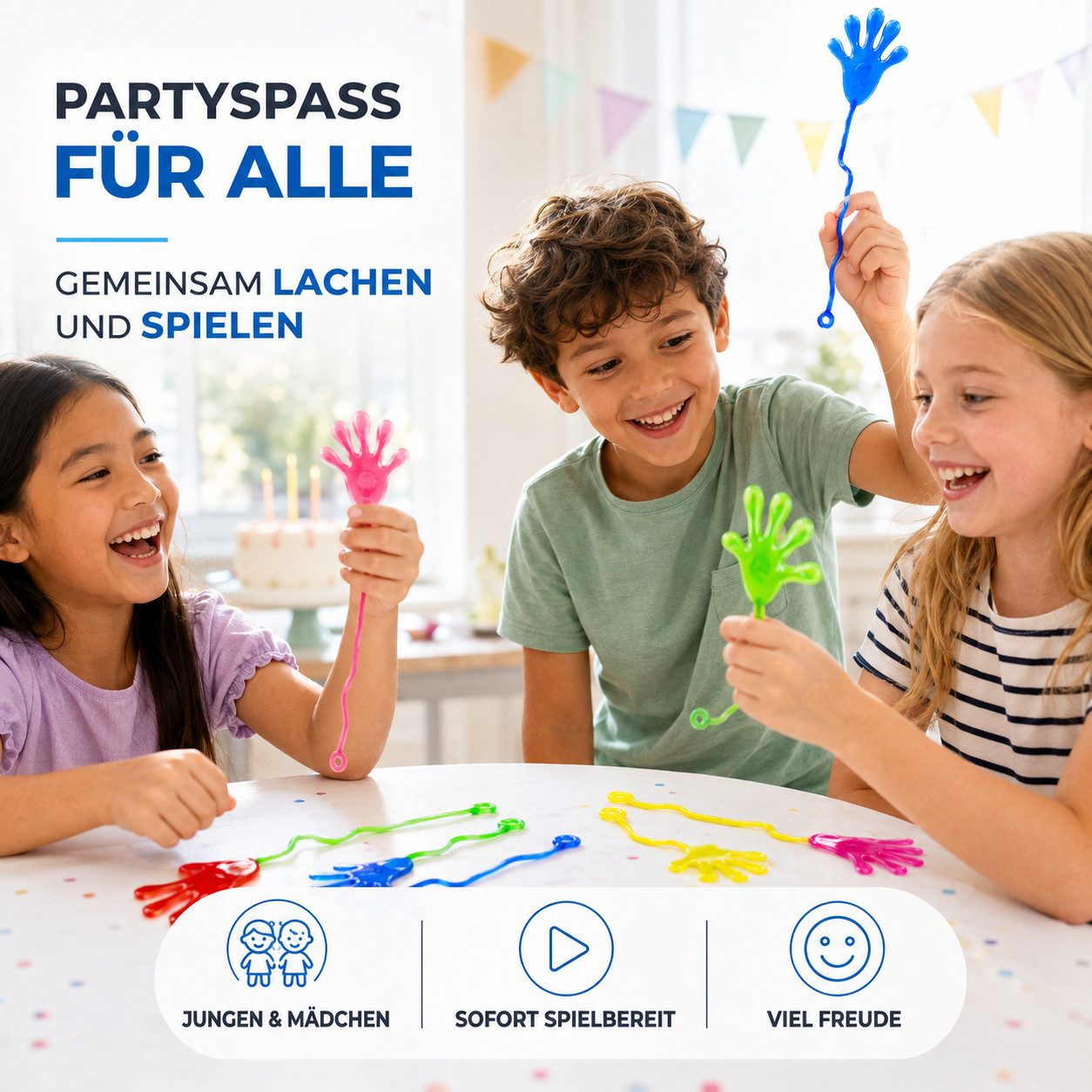 Kinderfreund® Lernspielzeug 12 bunte Klatschhände, dehnbare Glibberhände mit Fingerschlaufe (Packung, 12-St., 12x Glibberhand), Dehnbar bis 30 cm – Bild 2 von 5
