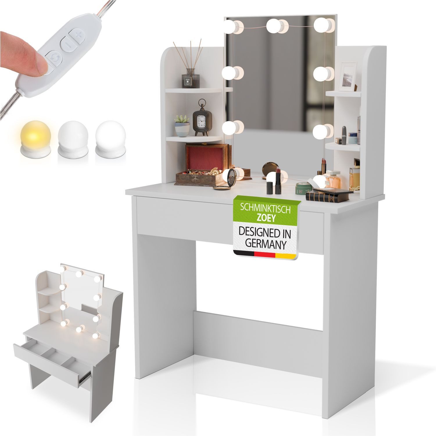 Juskys Schminktisch Zoey, LED-Beleuchtung, viel Stauraum, günstig online kaufen