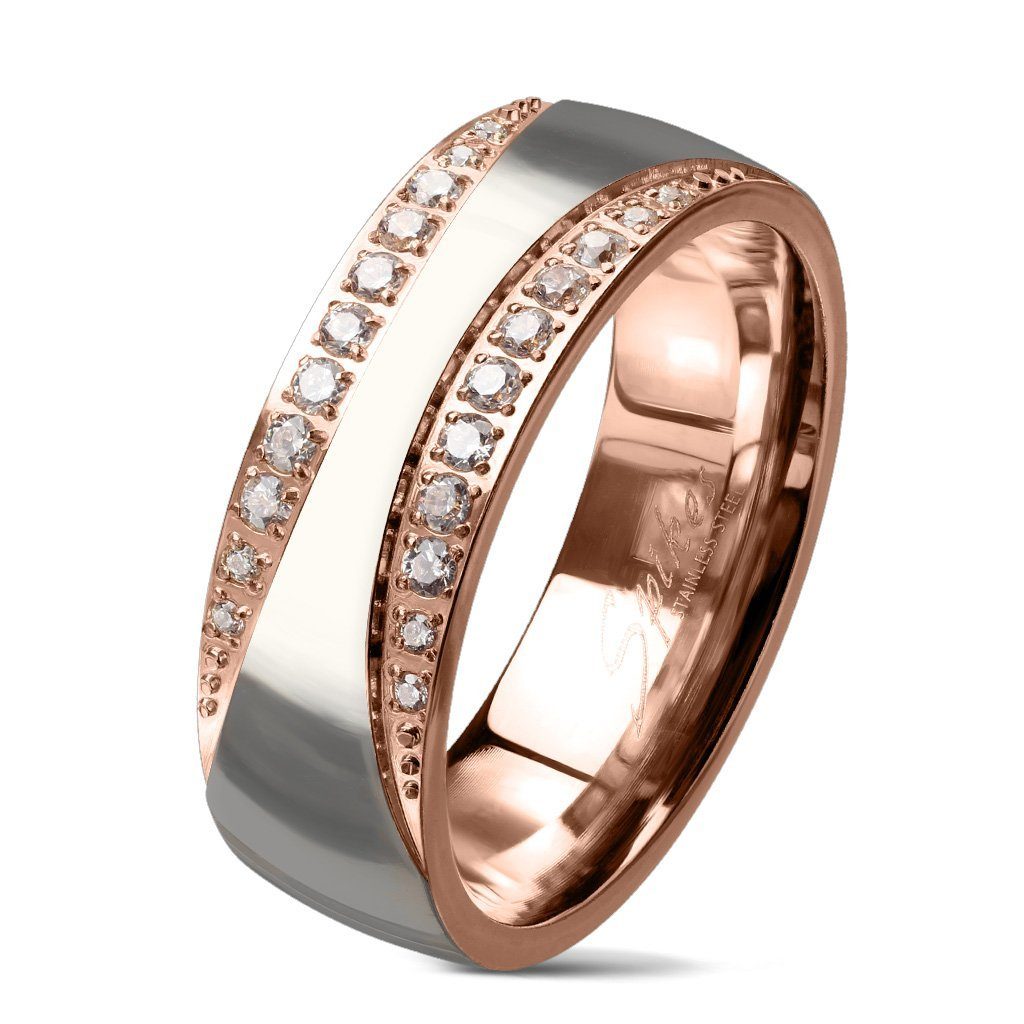 Silber Bicolor Edelstahl Fingerring Damen zweifarbig Rosegold Verlobungsring 2 Zirkonia Bändern, Ring viva-adorno mit