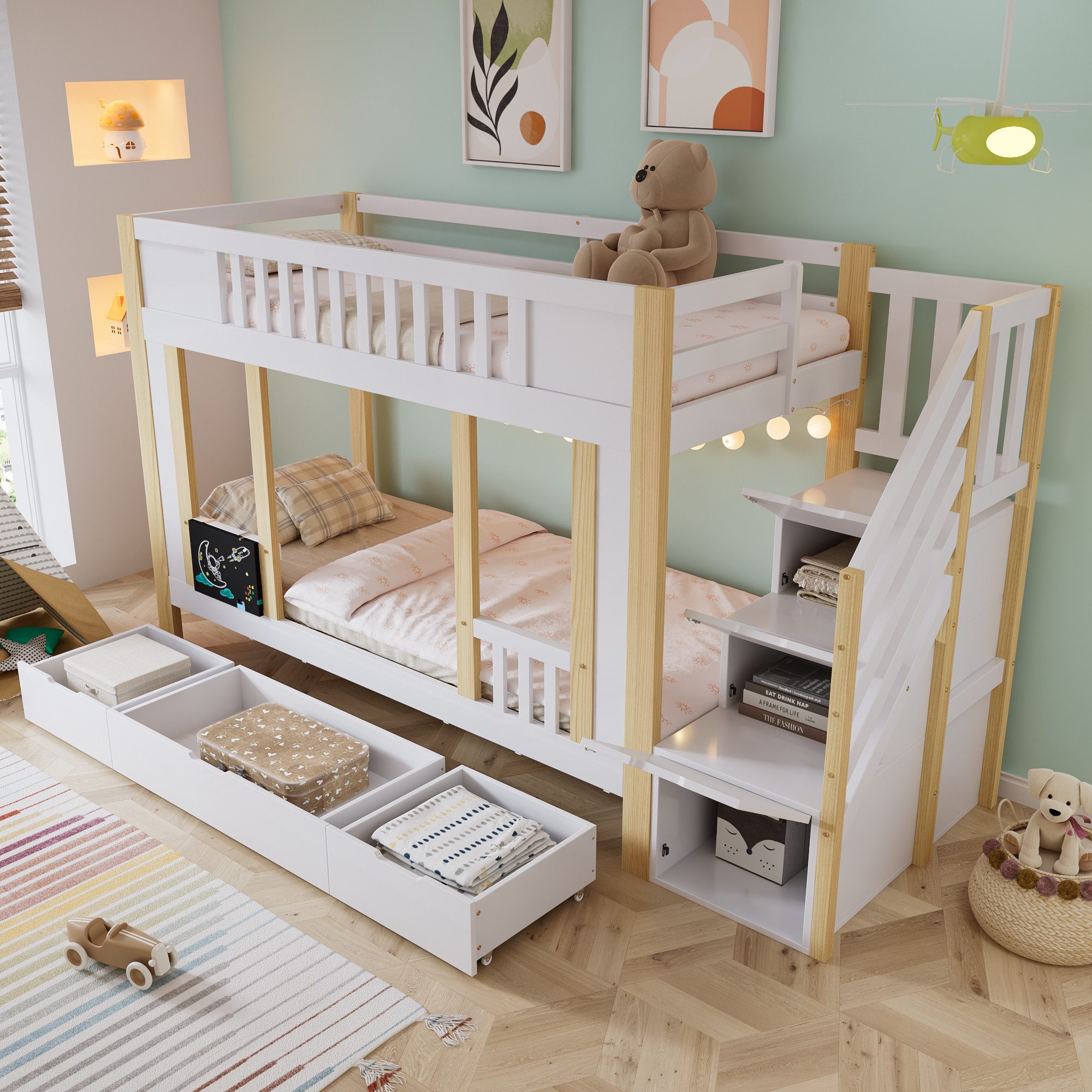 MODFU Etagenbett Drei Schubladen auf Rollen, Inklusive Tafel (Kinderbett, T günstig online kaufen