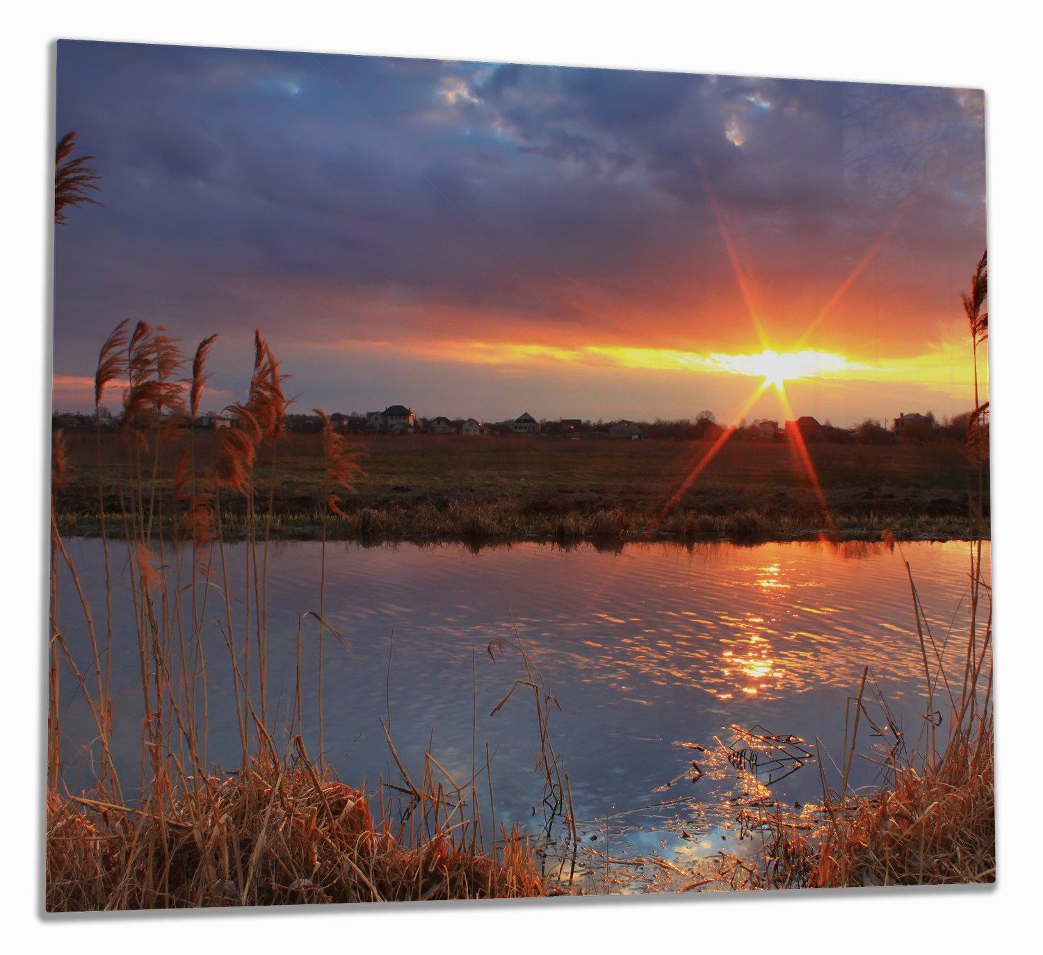 Wallario Herd-Abdeckplatte Sonnenuntergang über dem Fluss, Gräser im Wind, ESG-Sicherheitsglas, (Glasplatte, 1 tlg., inkl. 5mm Noppen), verschiedene Größen