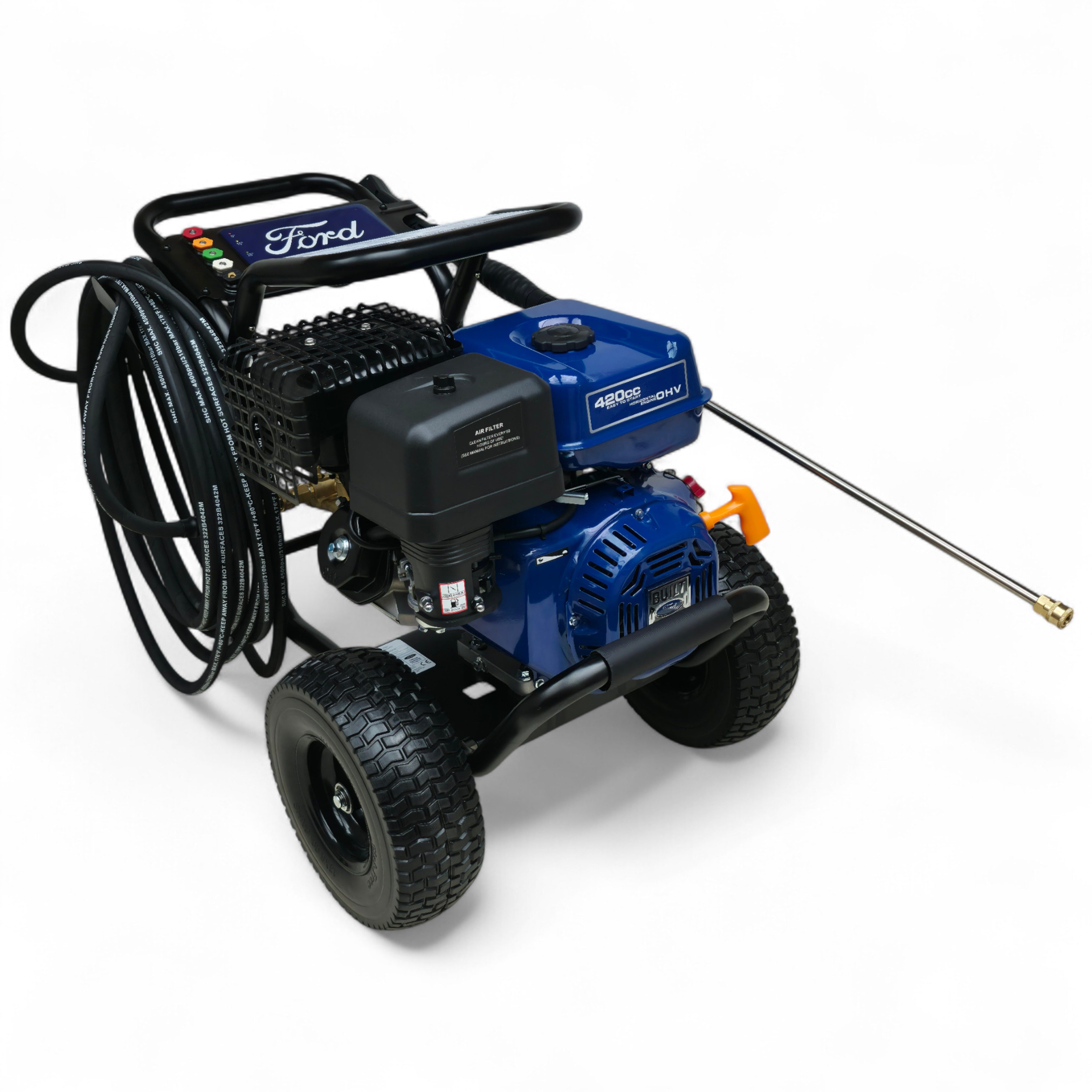 DeTec. Hochdruckreiniger Ford Benzin 13PS, Flächenreiniger 420cm³, Industrie-Steinreiniger, Druck max: 303 bar, Fördermenge max: 906 l/h, Annovi reverberi RSV-4G40 Triplex Keramik Hochdruckpumpe