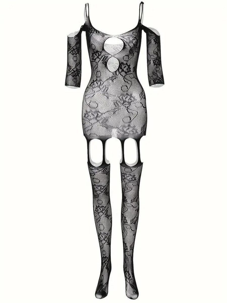 Elegant Love Bodystocking-Ouvert Bodystocking aus Netzspitze – Dessous mit offenem Schritt Netz-Catsuit – figurbetonte Reizwäsche aus Mesh, schulterfrei